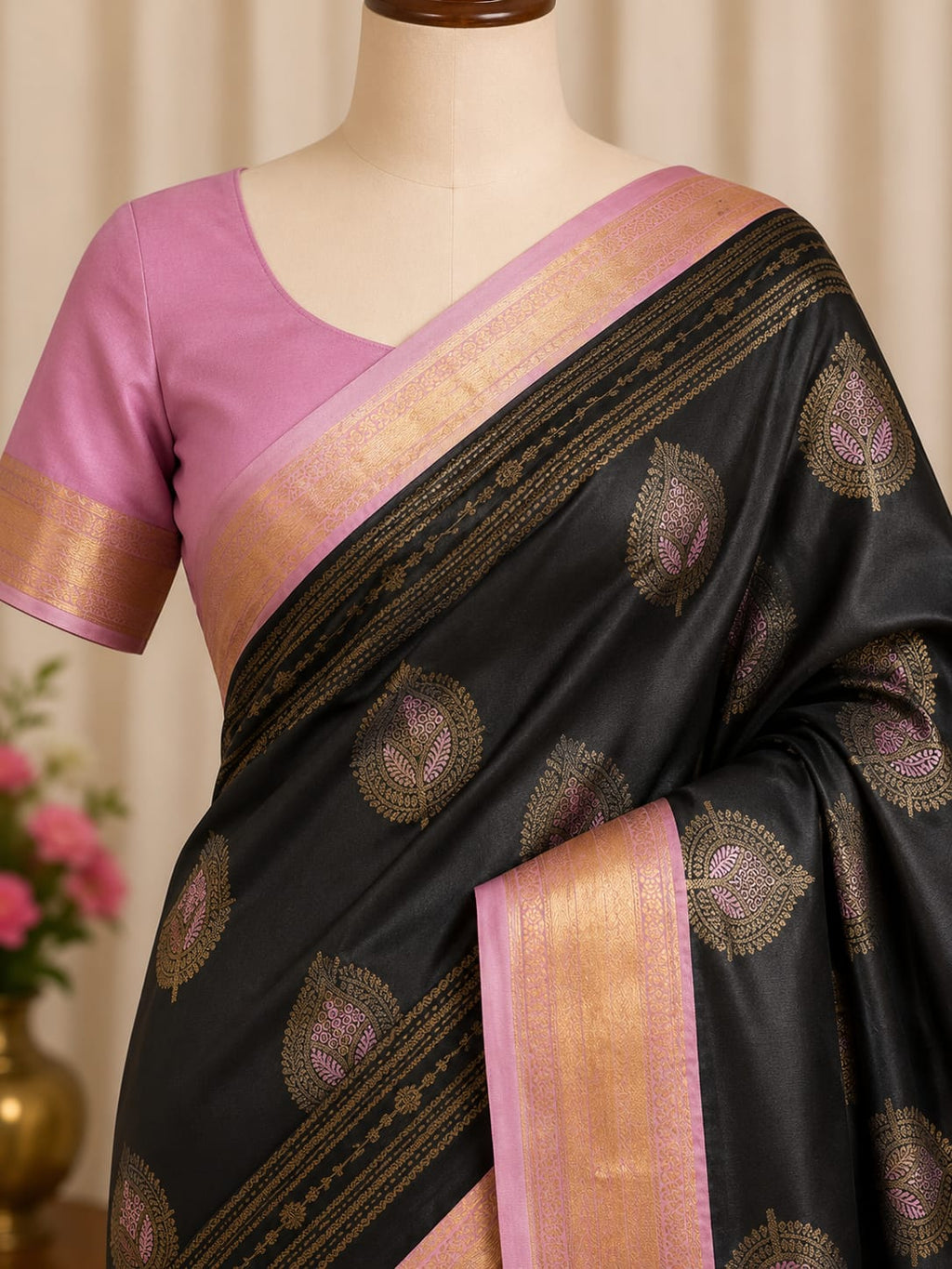 Black Paisley Border Saree