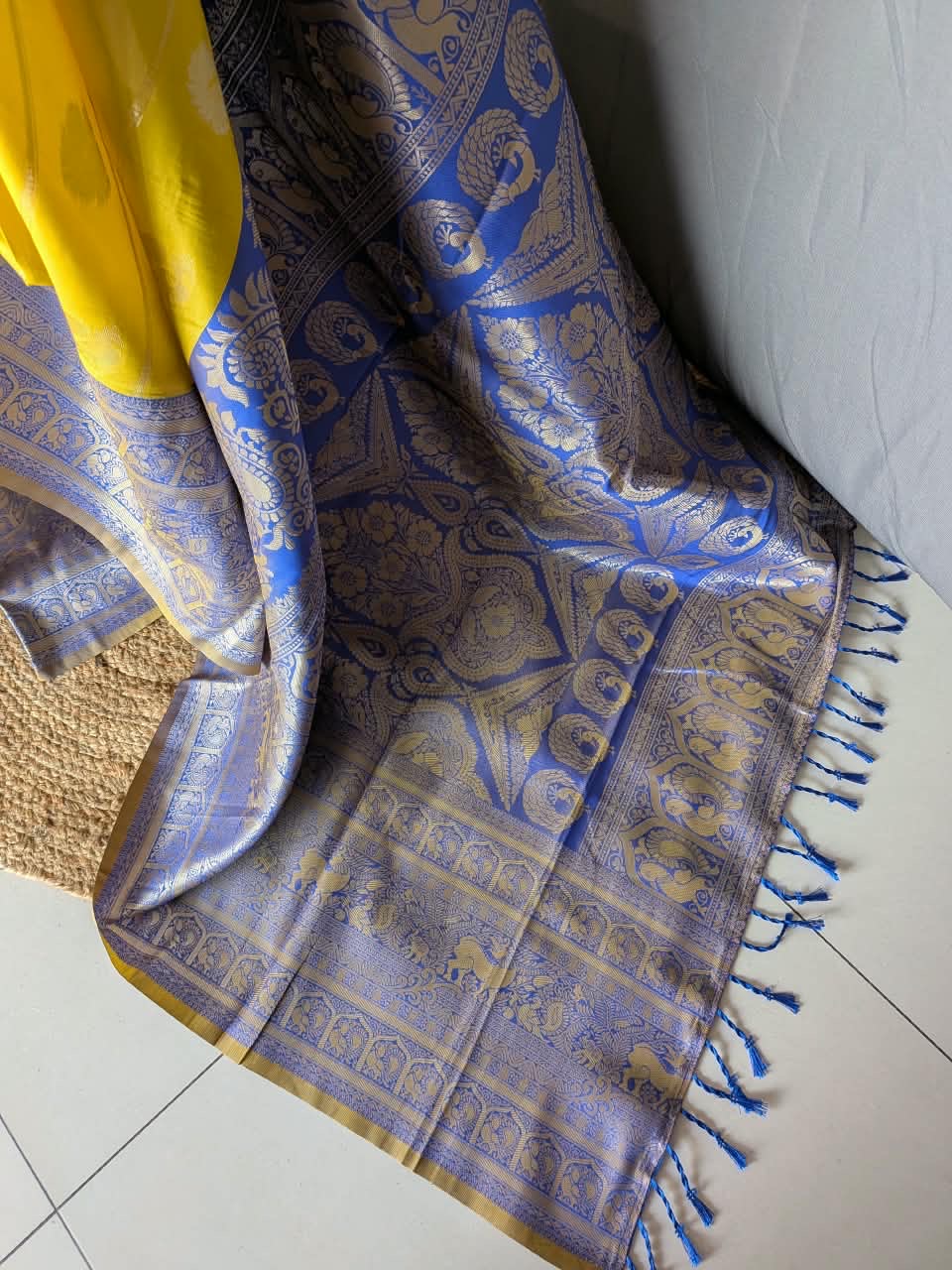 Mustard Yellow & Royal Blue Silk Saree