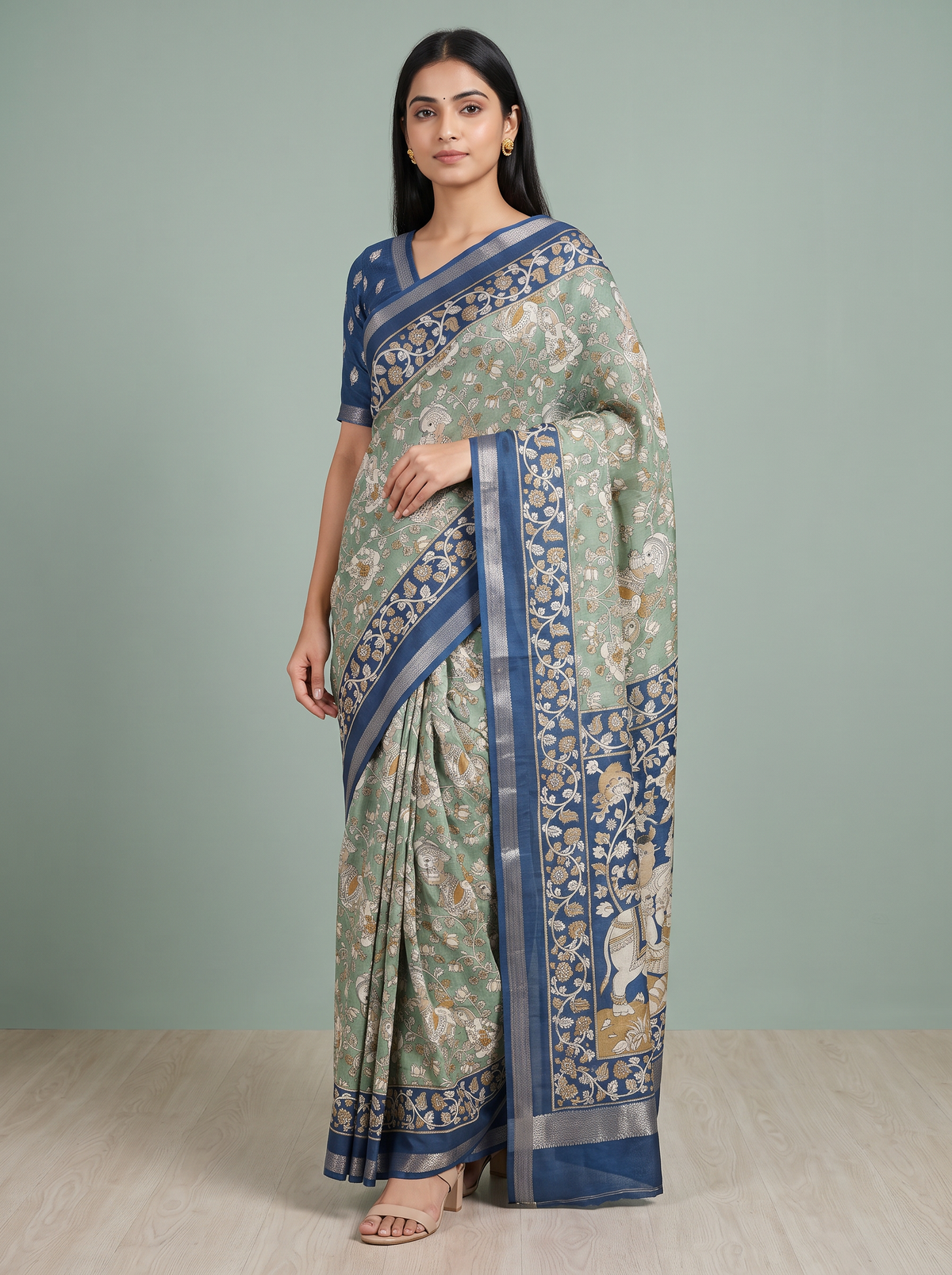 Sea Green & Navy Blue Kalamkari Saree