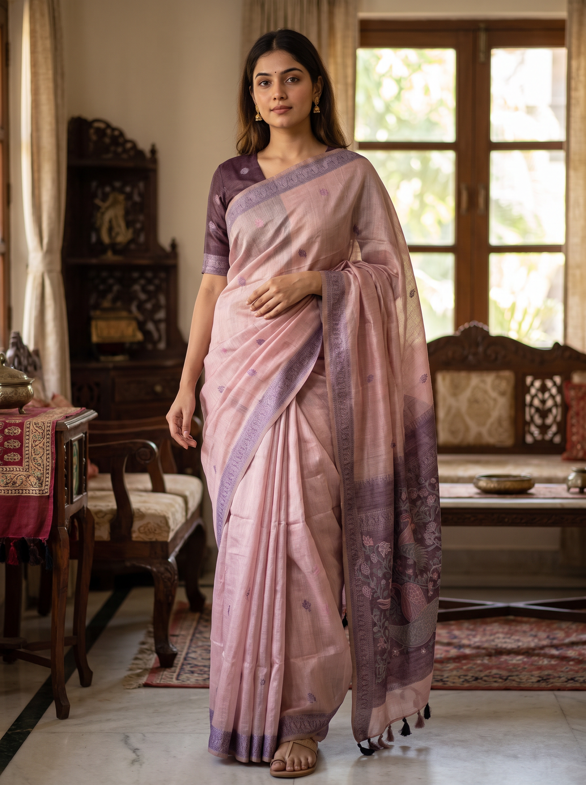 Mauve Purple Linen Jamdani Saree (Blush Bloom)
