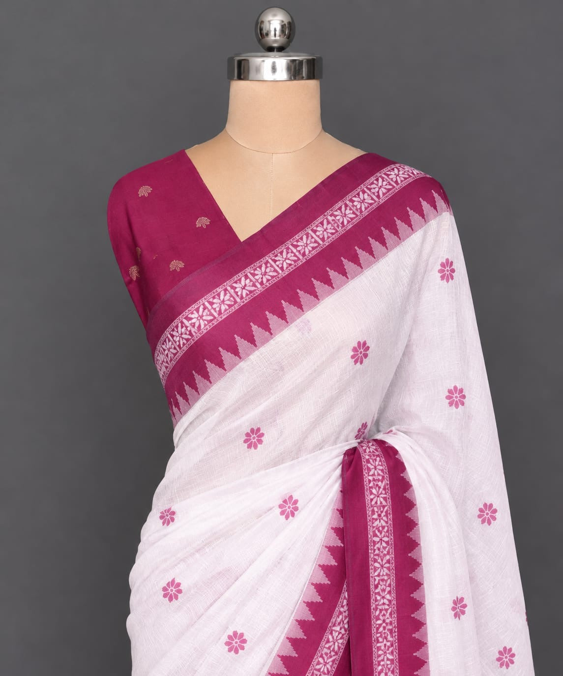 White & Magenta MulCotton Saree