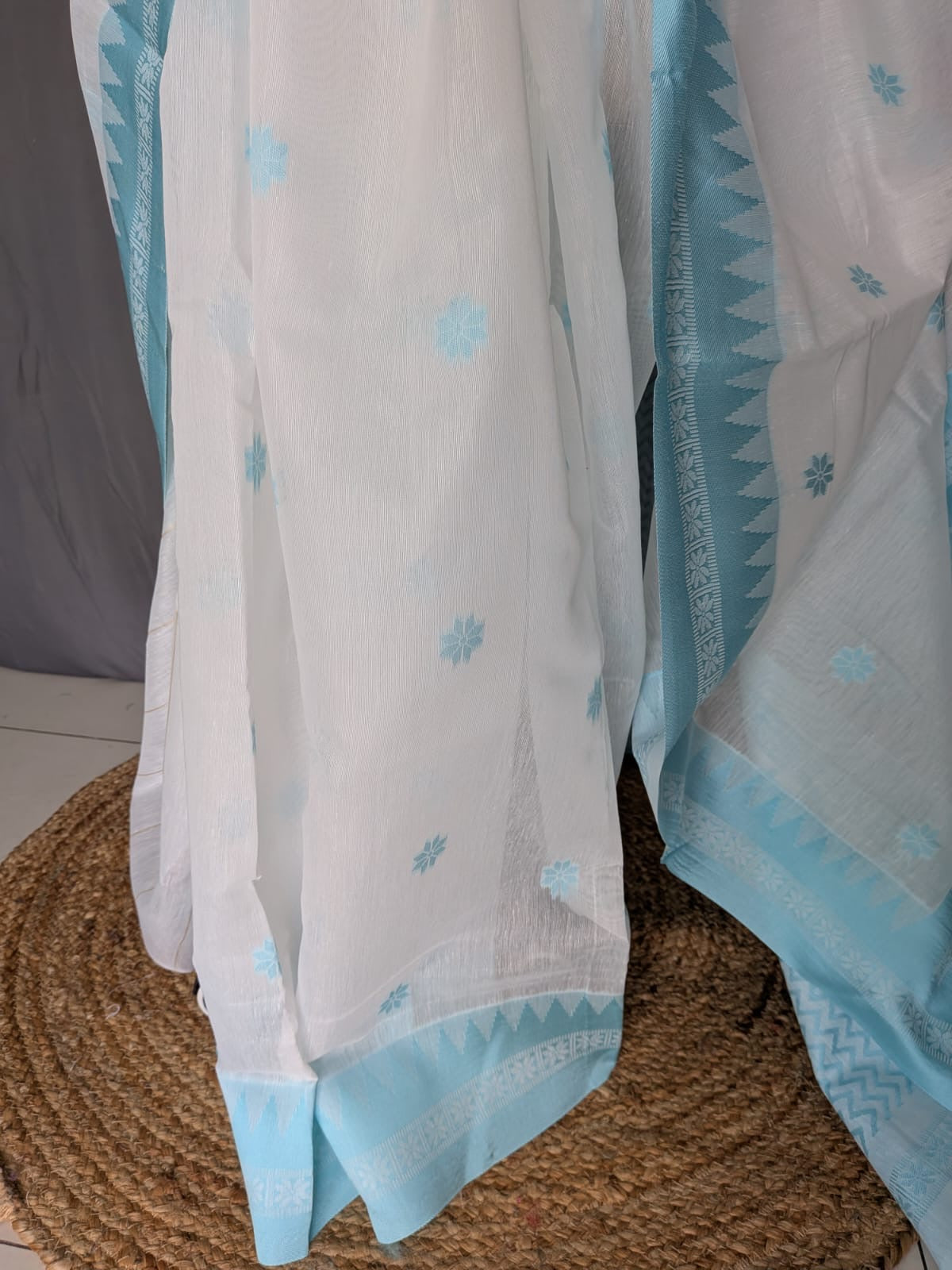 White & Sky Blue MulCotton Saree