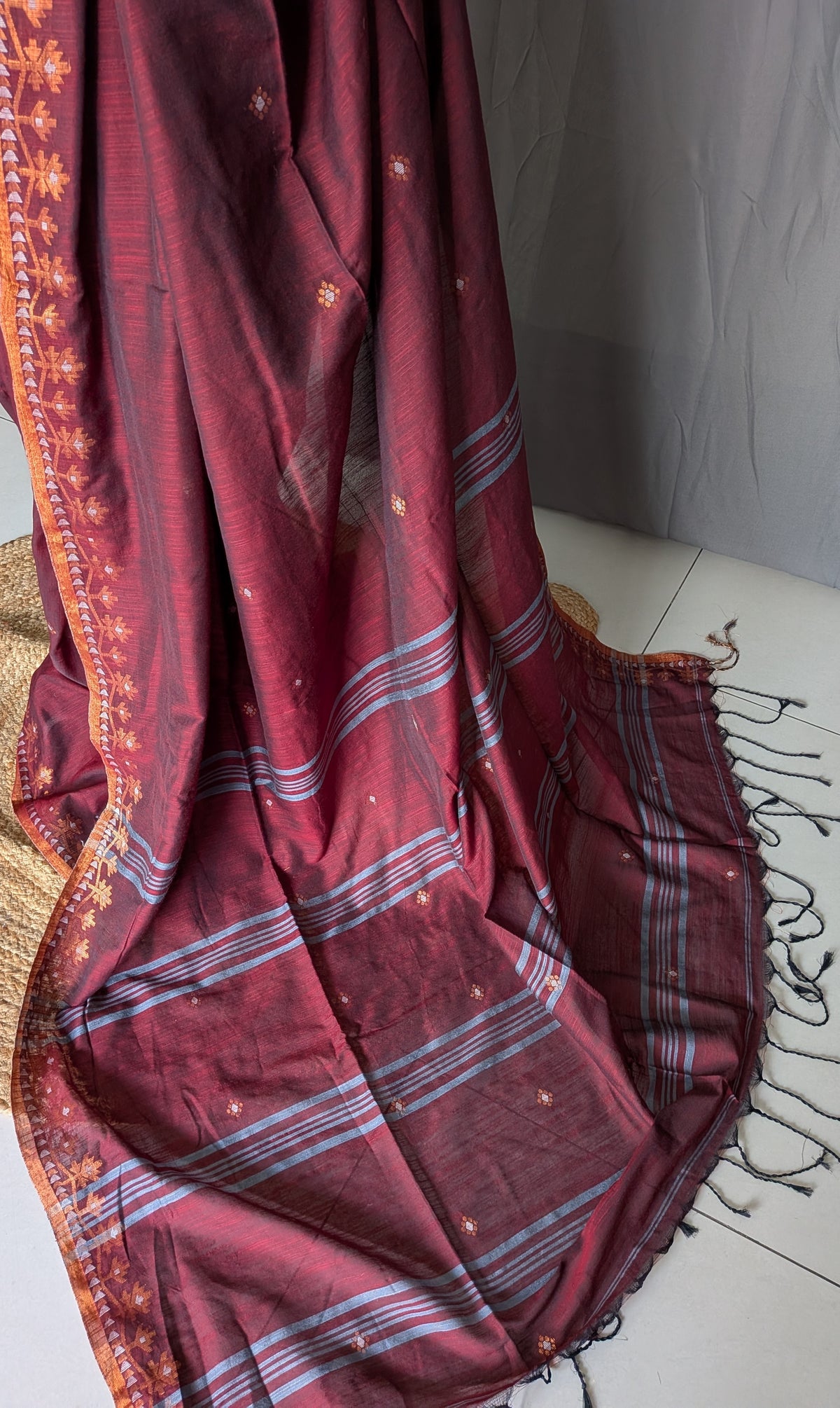Maroon Floral Linen Cotton Saree