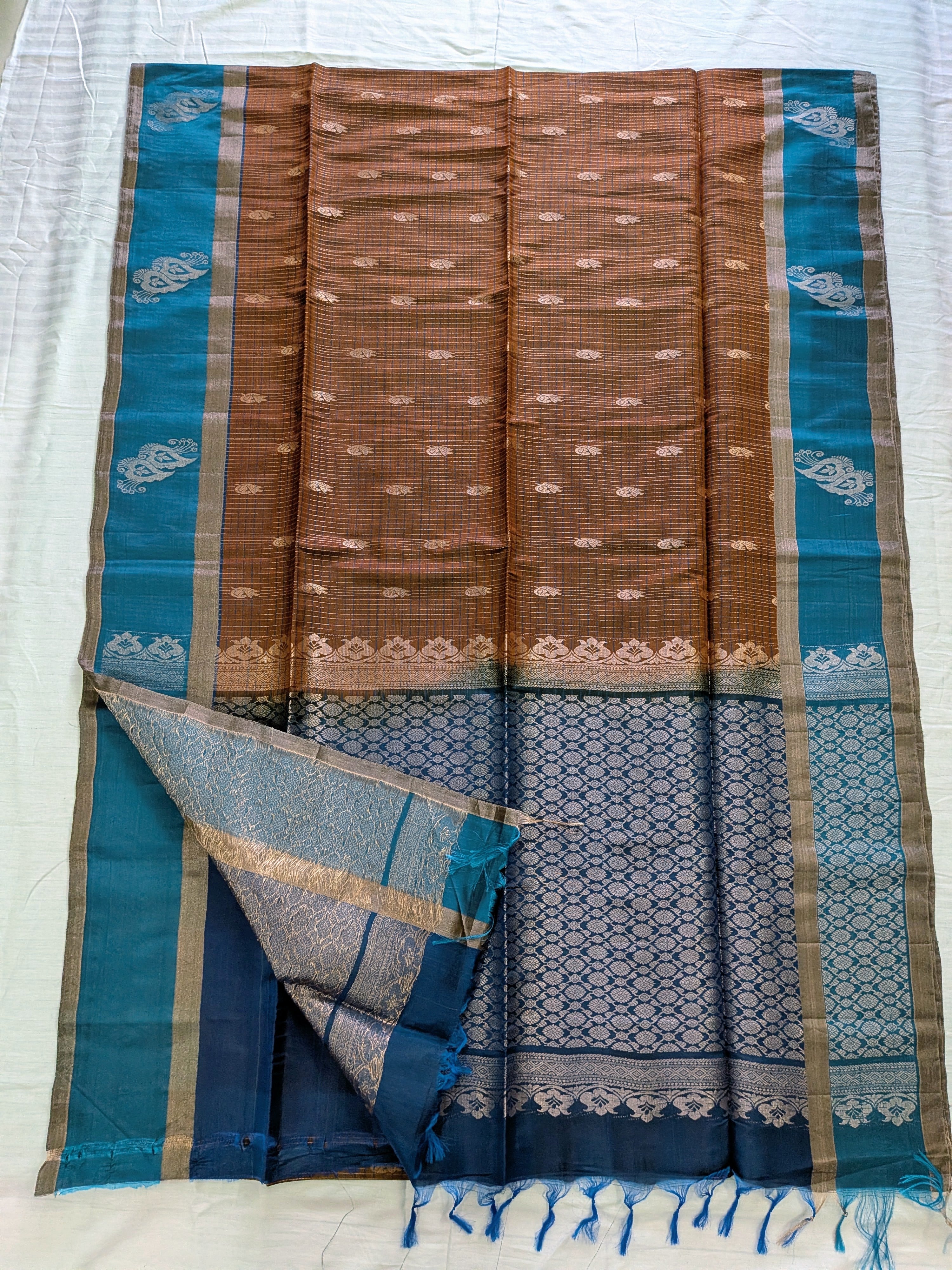 Rust & Peacock Teal Kanchipuram Silk Blend