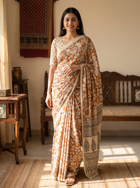 Rust Orange & Beige Kalamkari Printed Saree
