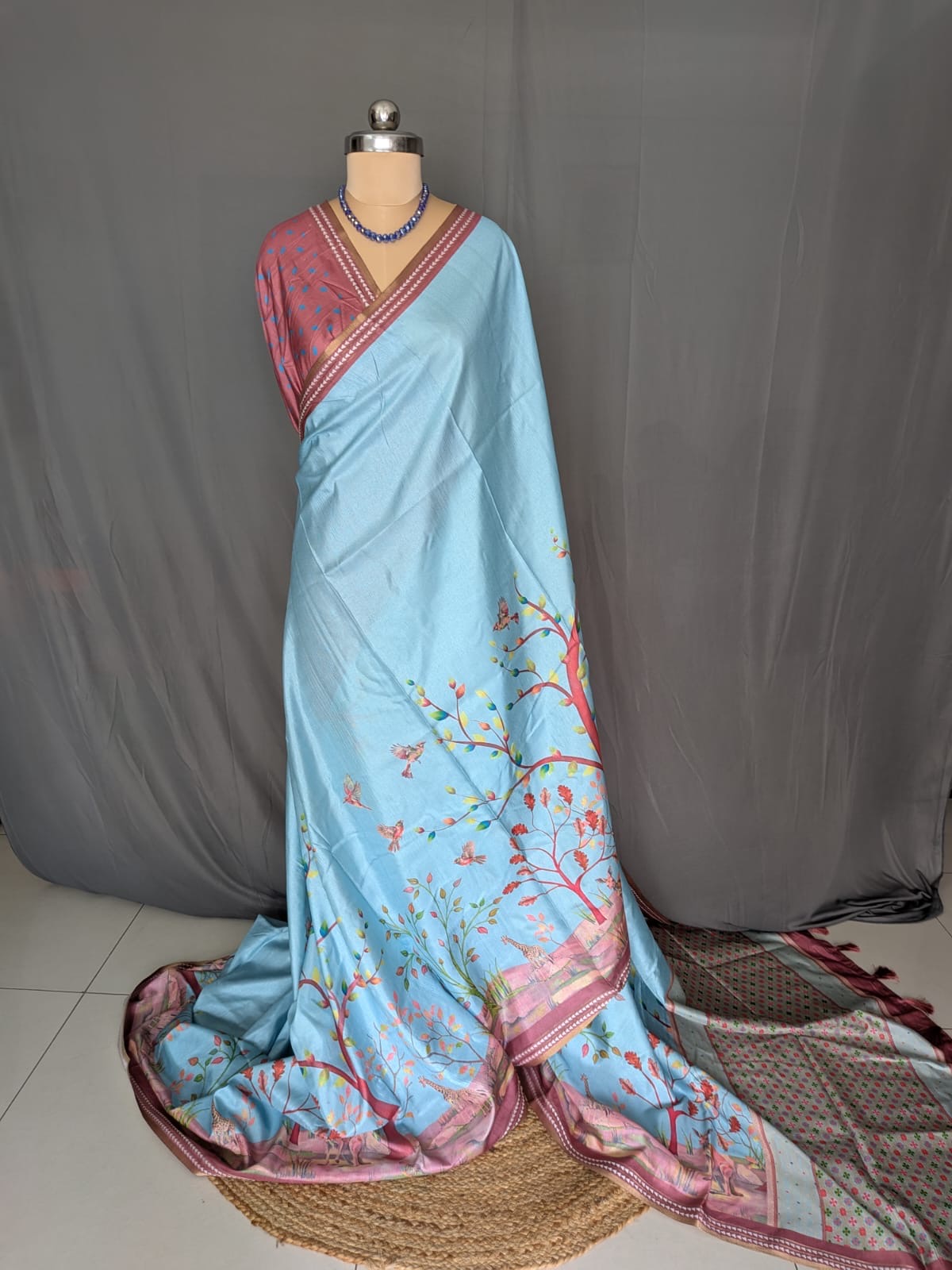 Sky Blue Floral & Bird Print Silk Saree