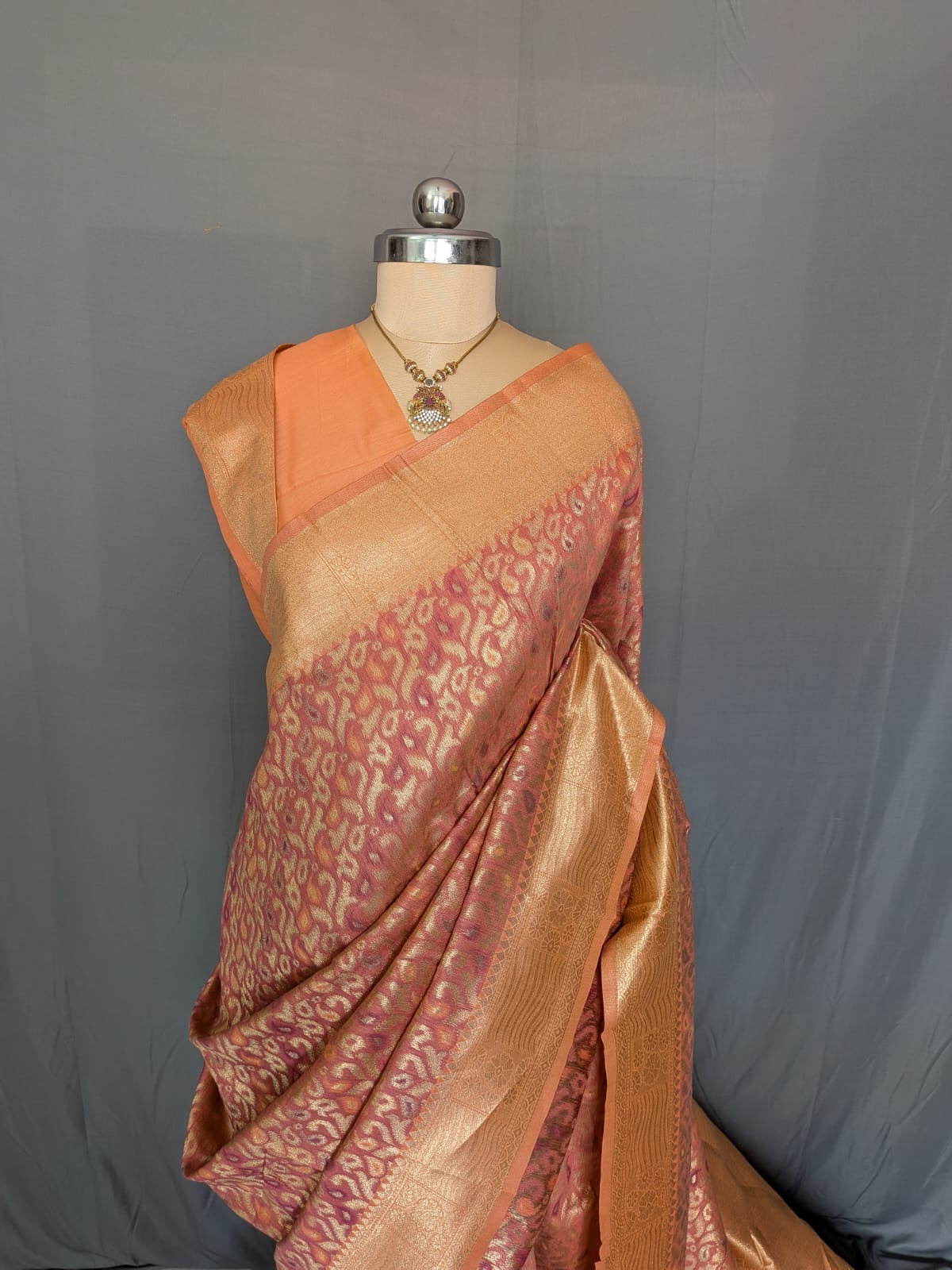 Peach Rose Zari Banarasi Saree