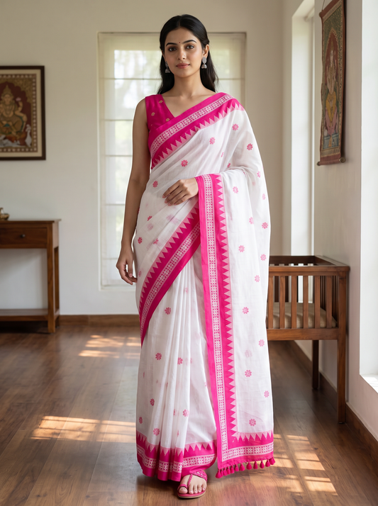 White & Pink MulCotton Saree