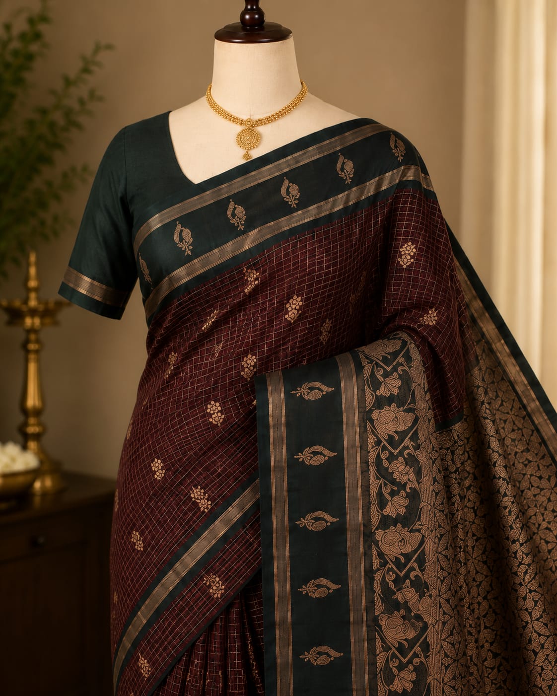 Royal Maroon & Green Kanchi Silk Saree