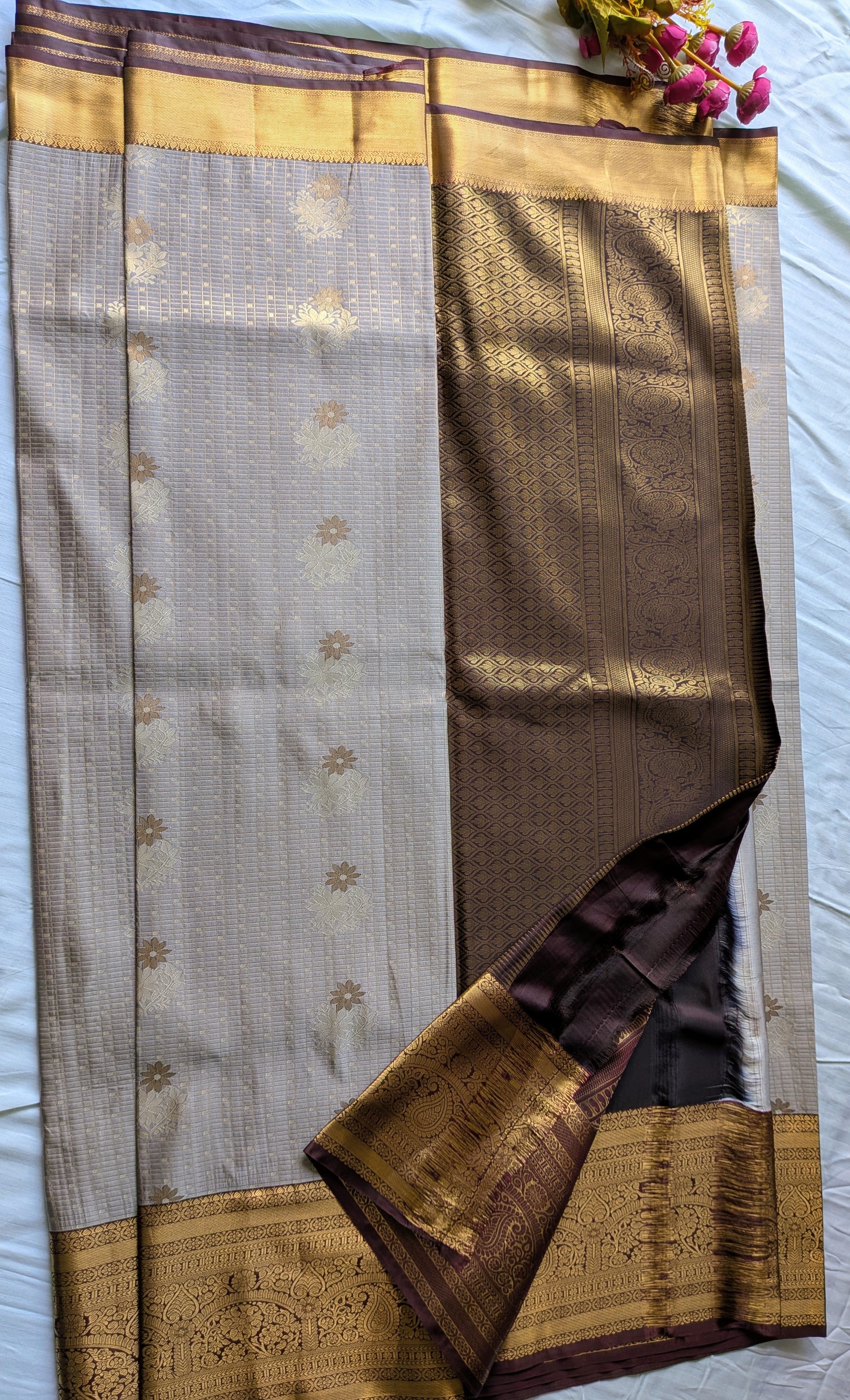 Silver Grey & Wine Kanchipuram Silk Blend