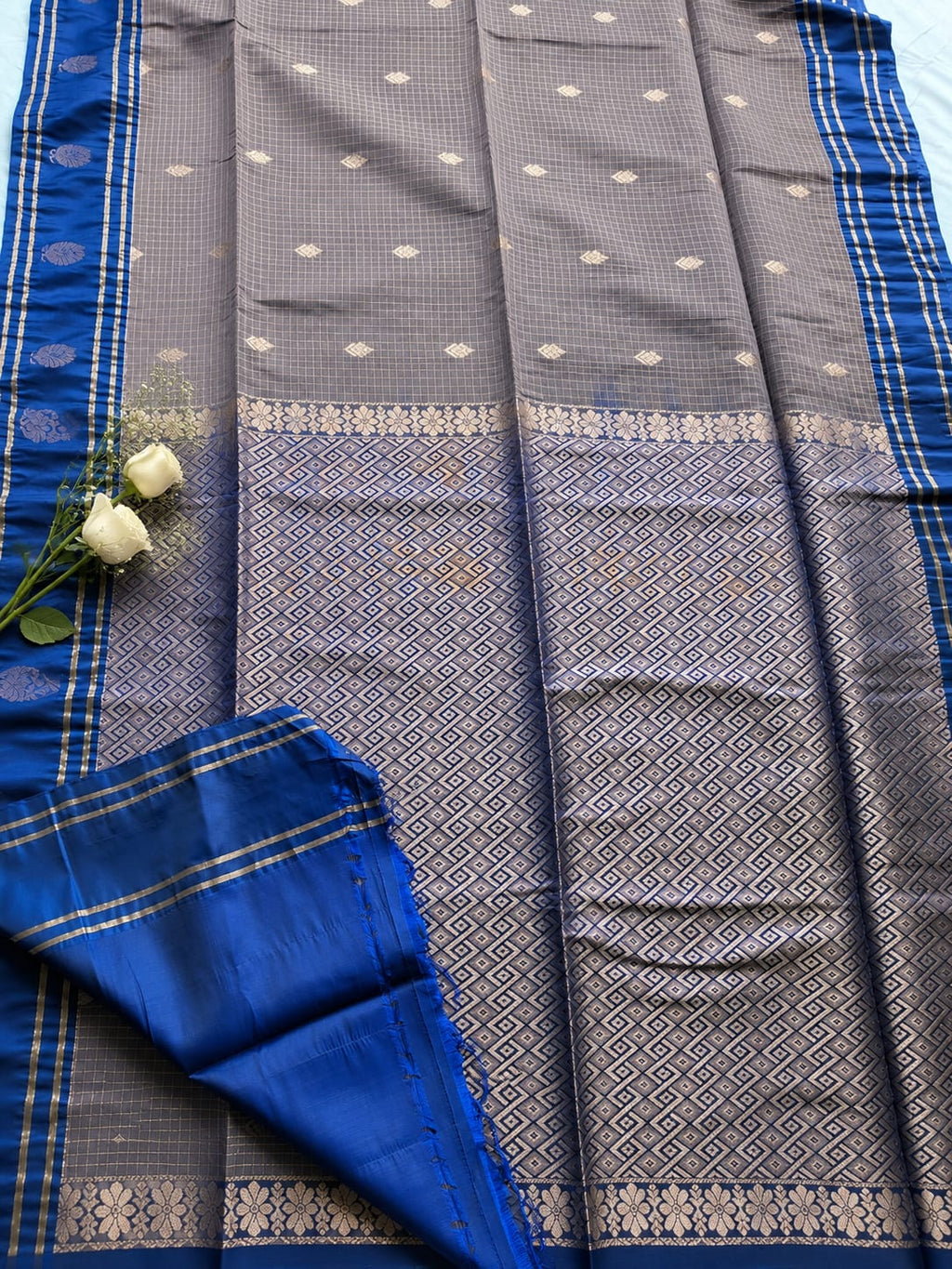 Mauve Grey & Navy Uppada Silk Cotton Saree
