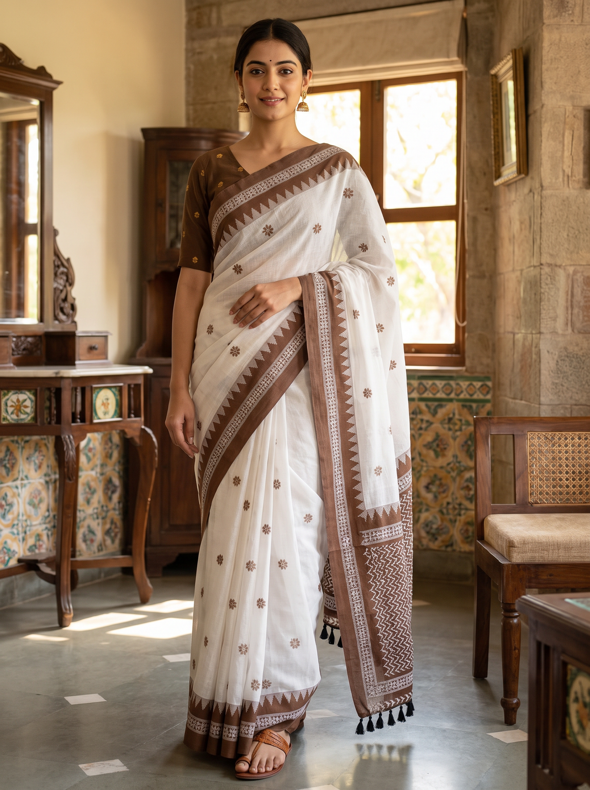 White & Brown Mulcotton Saree