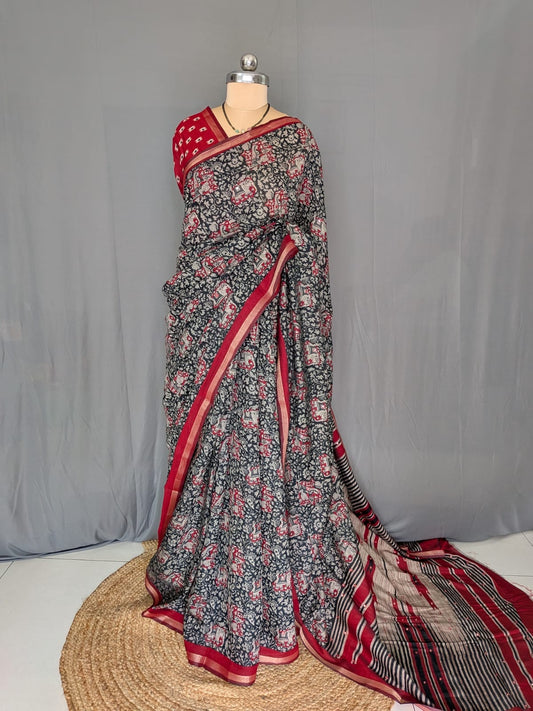 Black & Red Kalamkari Printed Mirror Saree