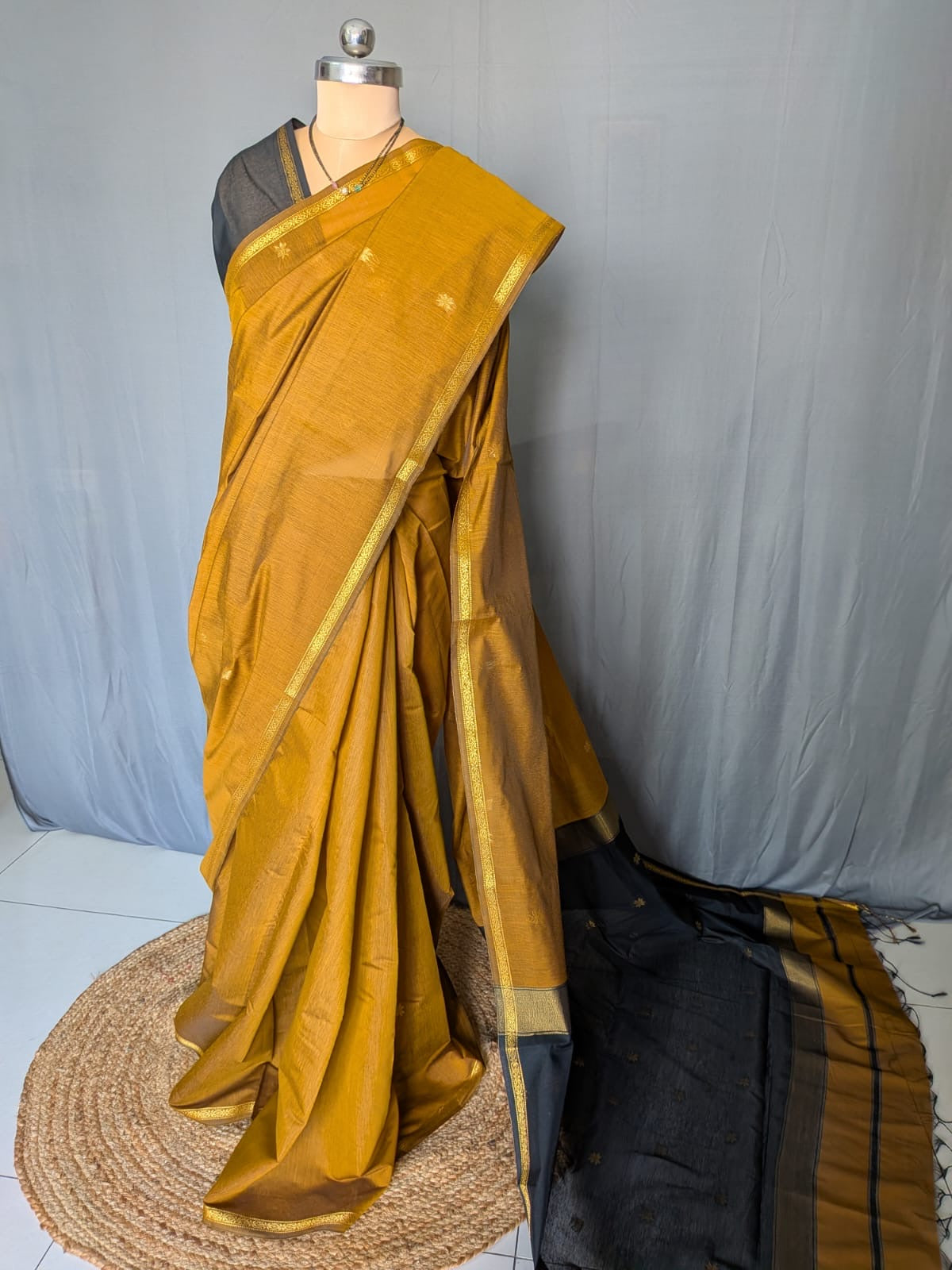 Mustard Yellow & Black Handloom Saree