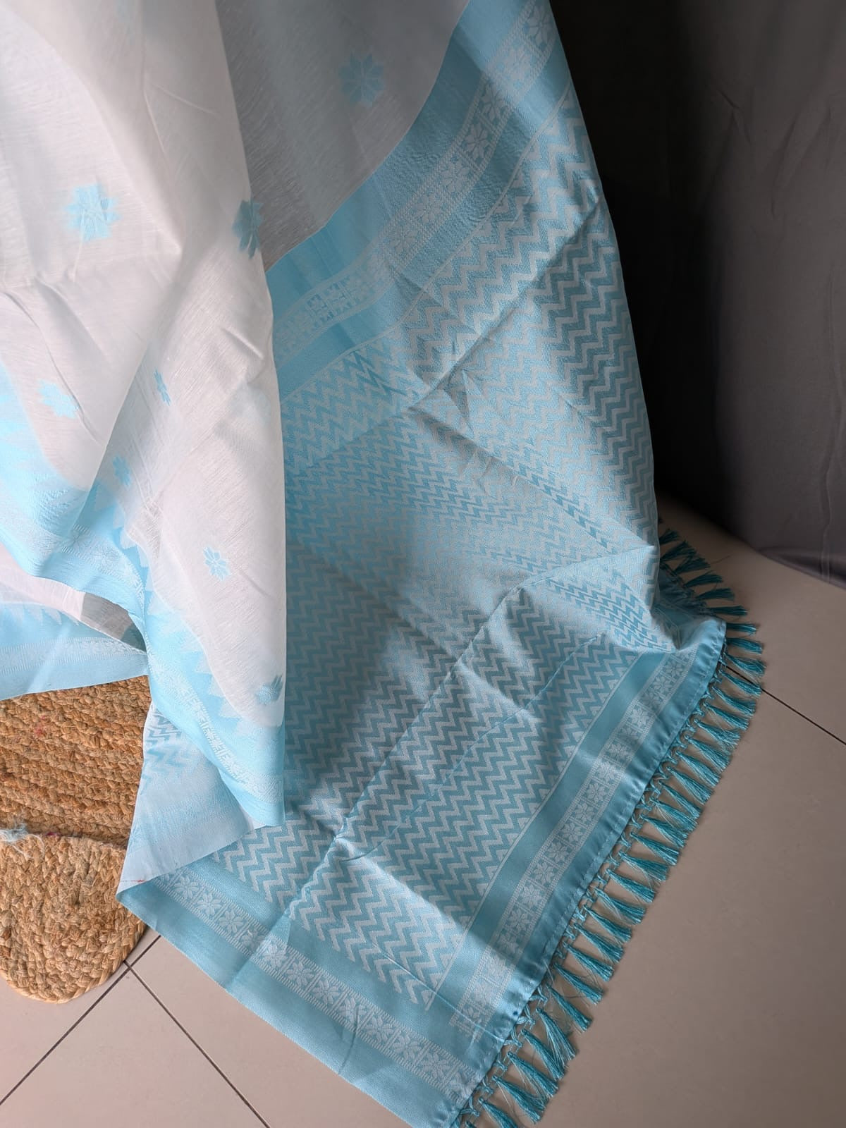 White & Sky Blue MulCotton Saree