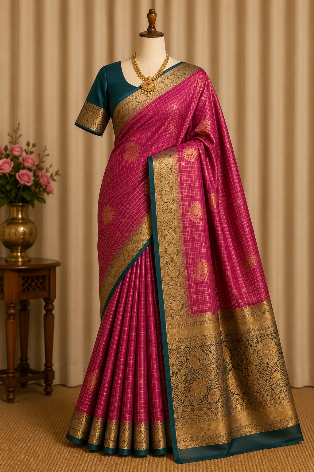 Rani Pink & Teal Kanchipuram Silk Blend