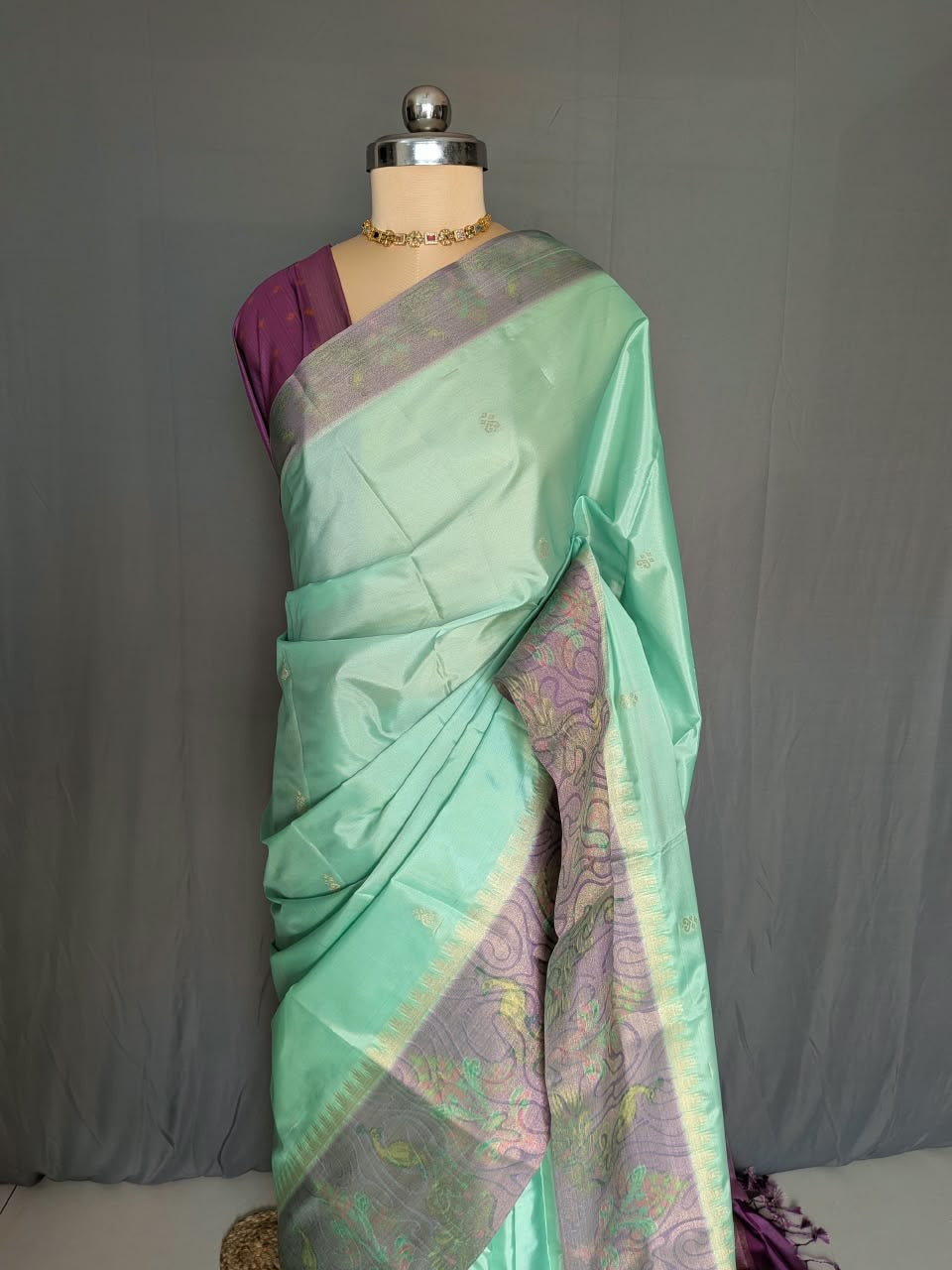 Mint Green & Purple Jacquard Silk Saree