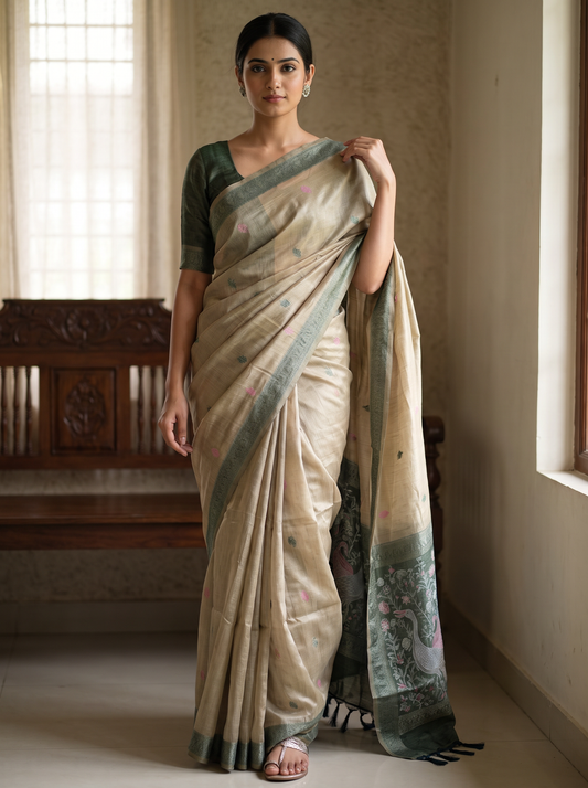 Beige & Green Linen Jamdani Saree (Sage Whisper)