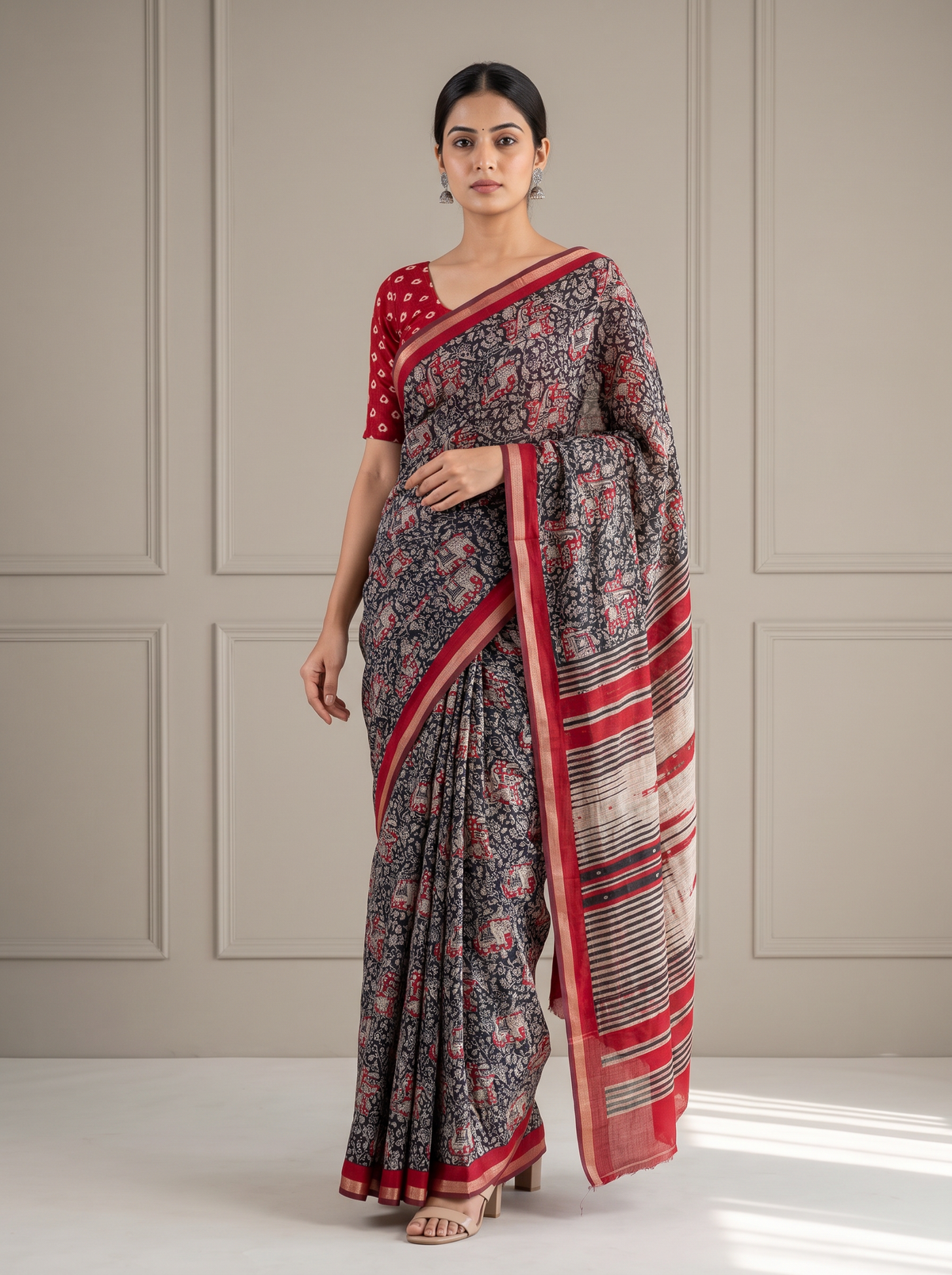 Black & Red Kalamkari Printed Mirror Saree