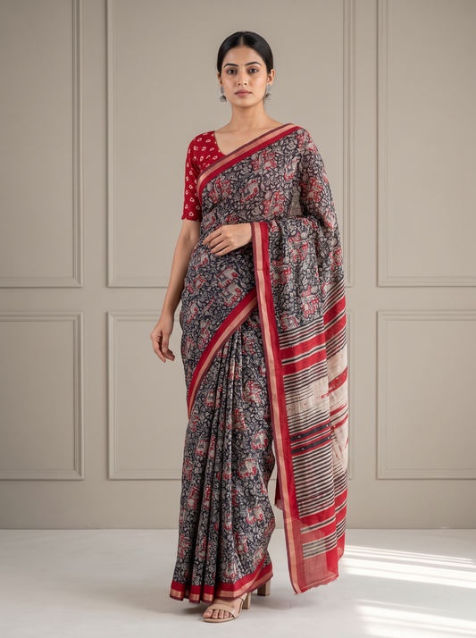 Black & Red Kalamkari Printed Mirror Saree