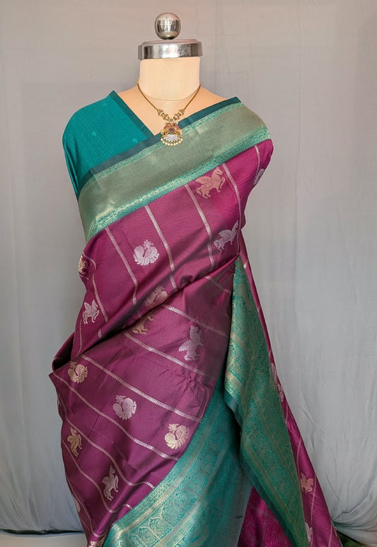 Teal & Wine Zari Silk Saree