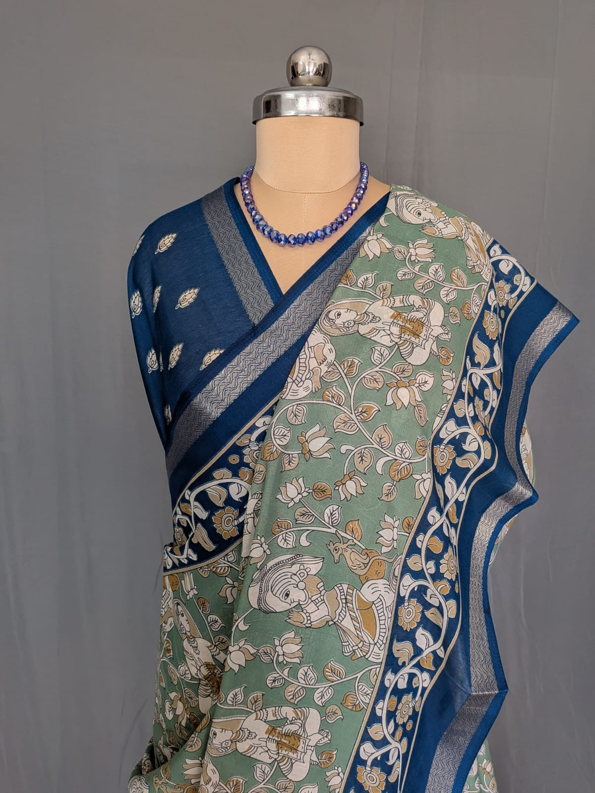 Sea Green & Navy Blue Kalamkari Saree
