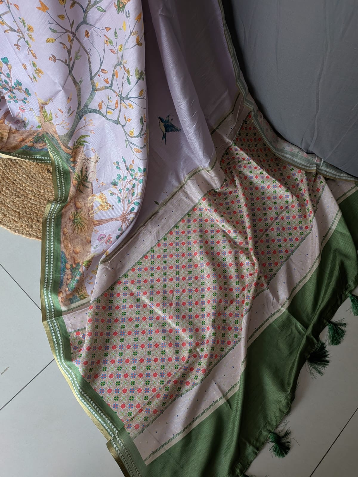 Lavender Green Floral & Bird Print Silk Saree