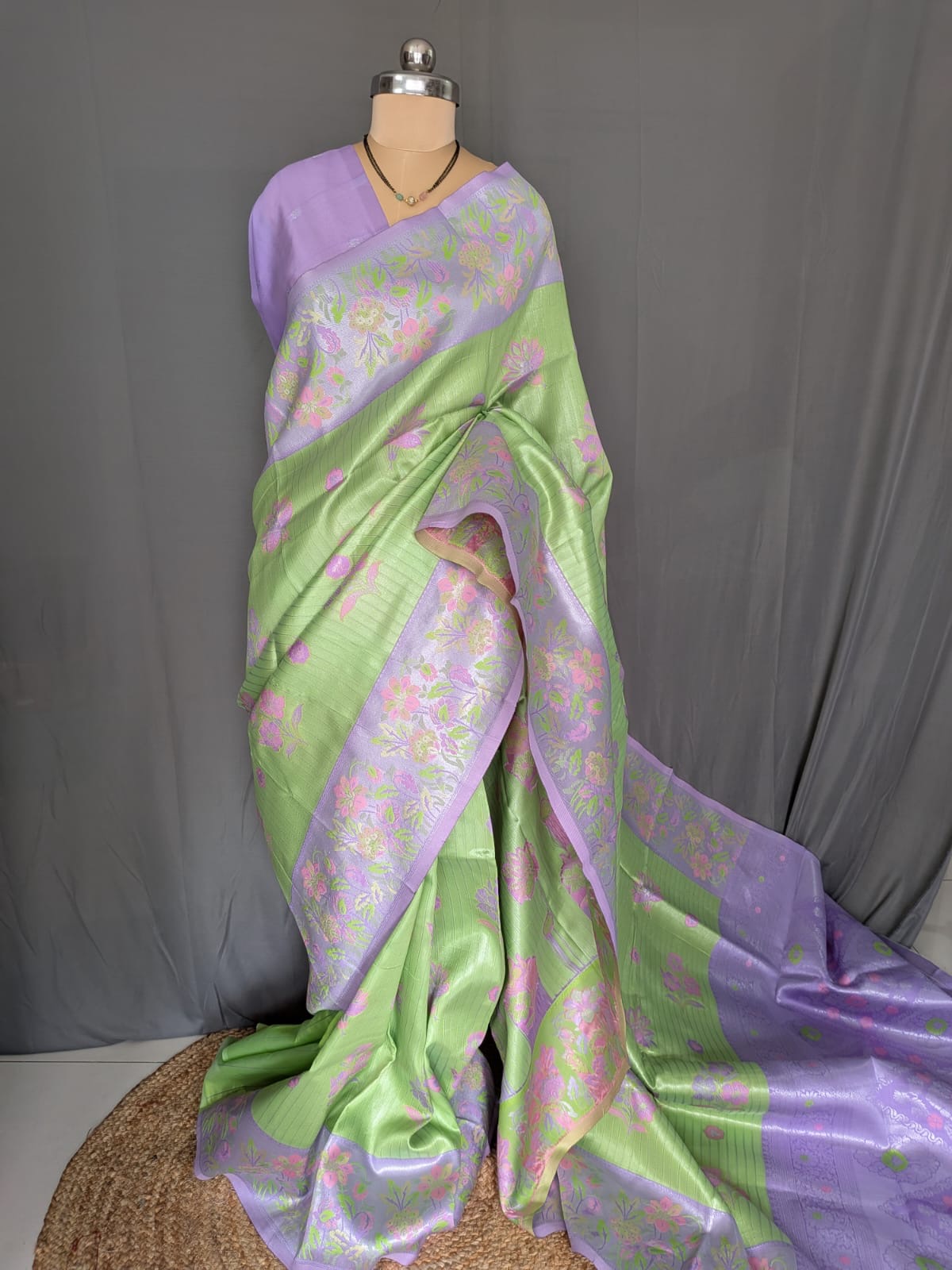 Pista Green & Lavender Floral Jacquard Saree