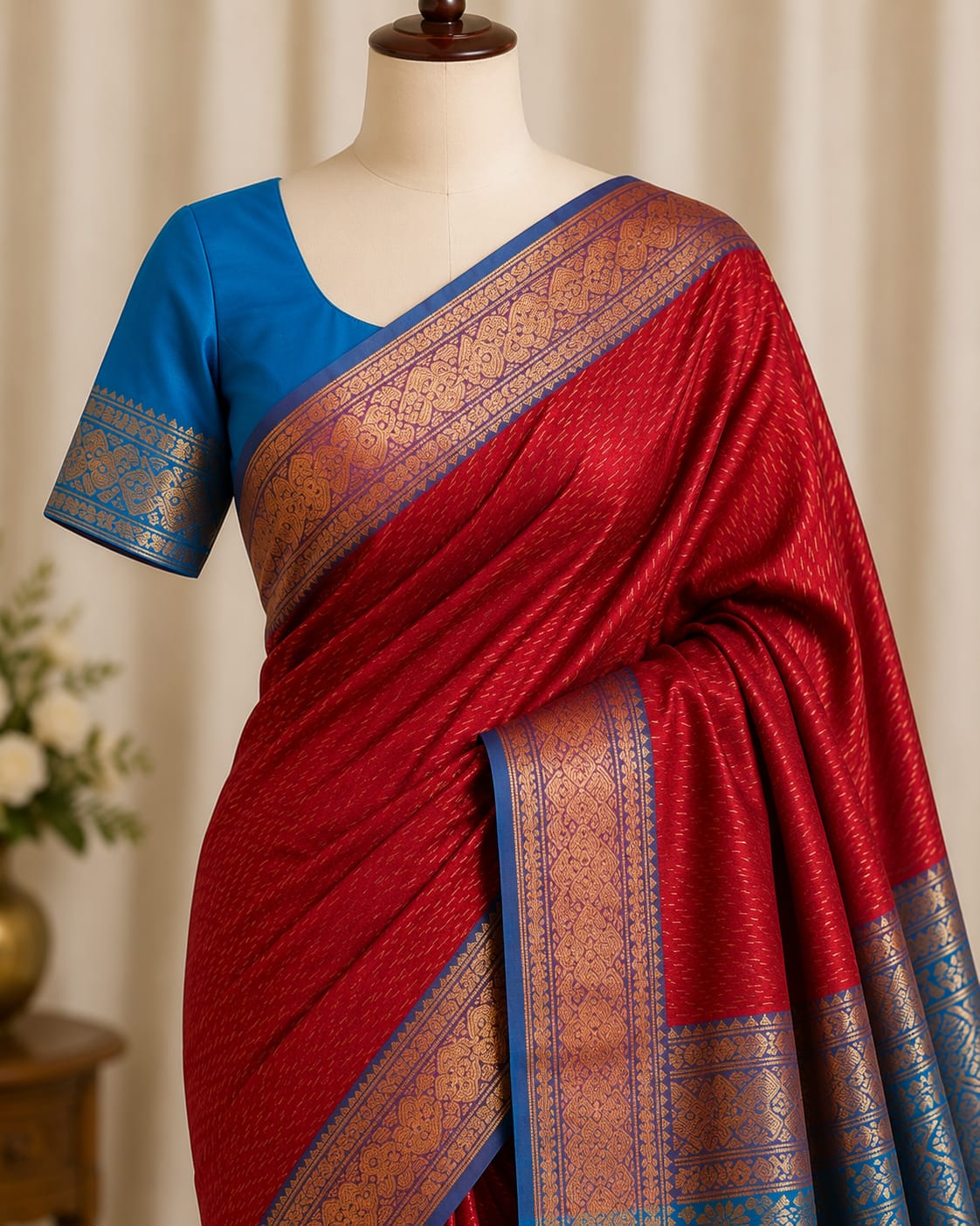 Maroon & Peacock Blue Kanchipuram Silk Blend