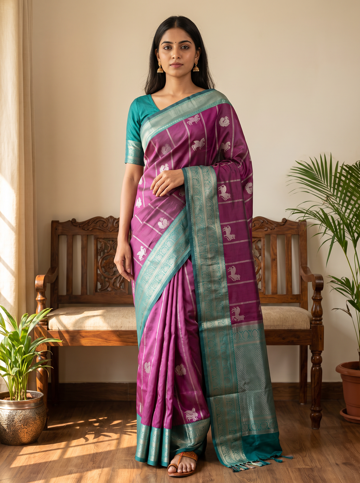 Teal & Wine Zari Silk Saree