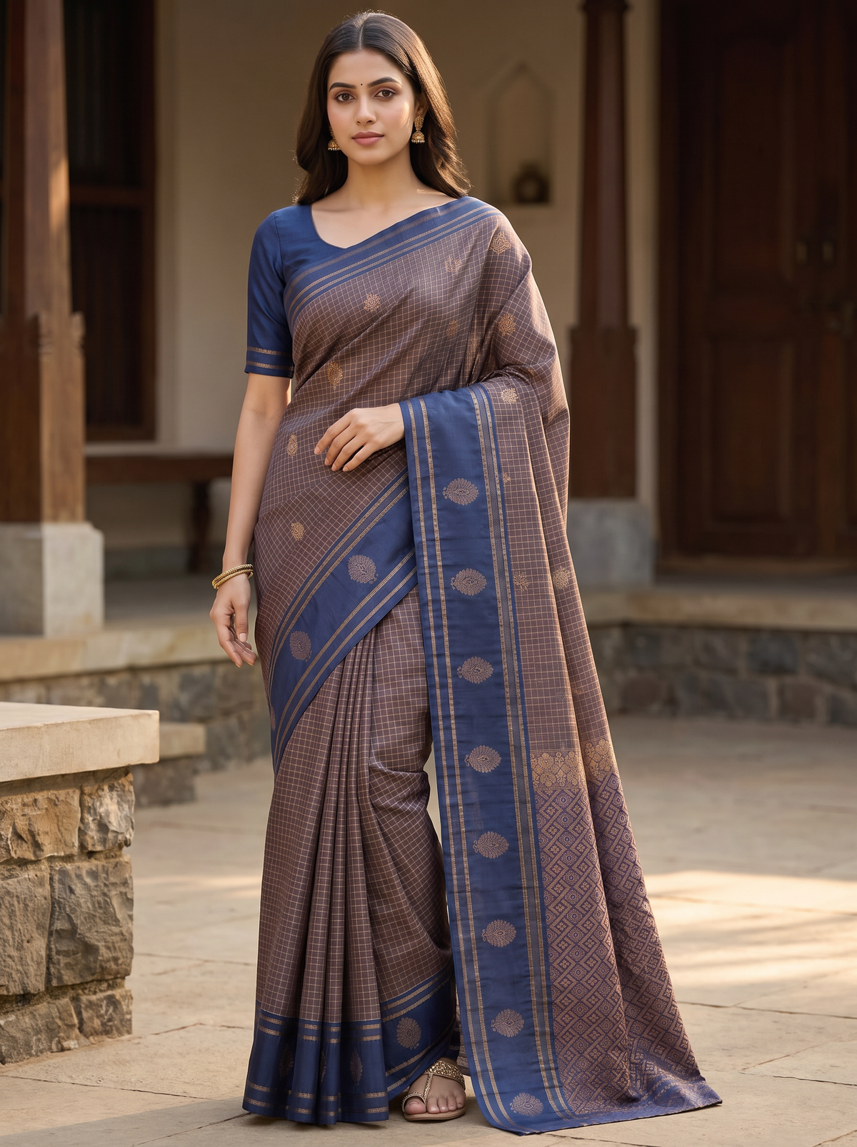 Mauve Grey & Navy Uppada Silk Cotton Saree