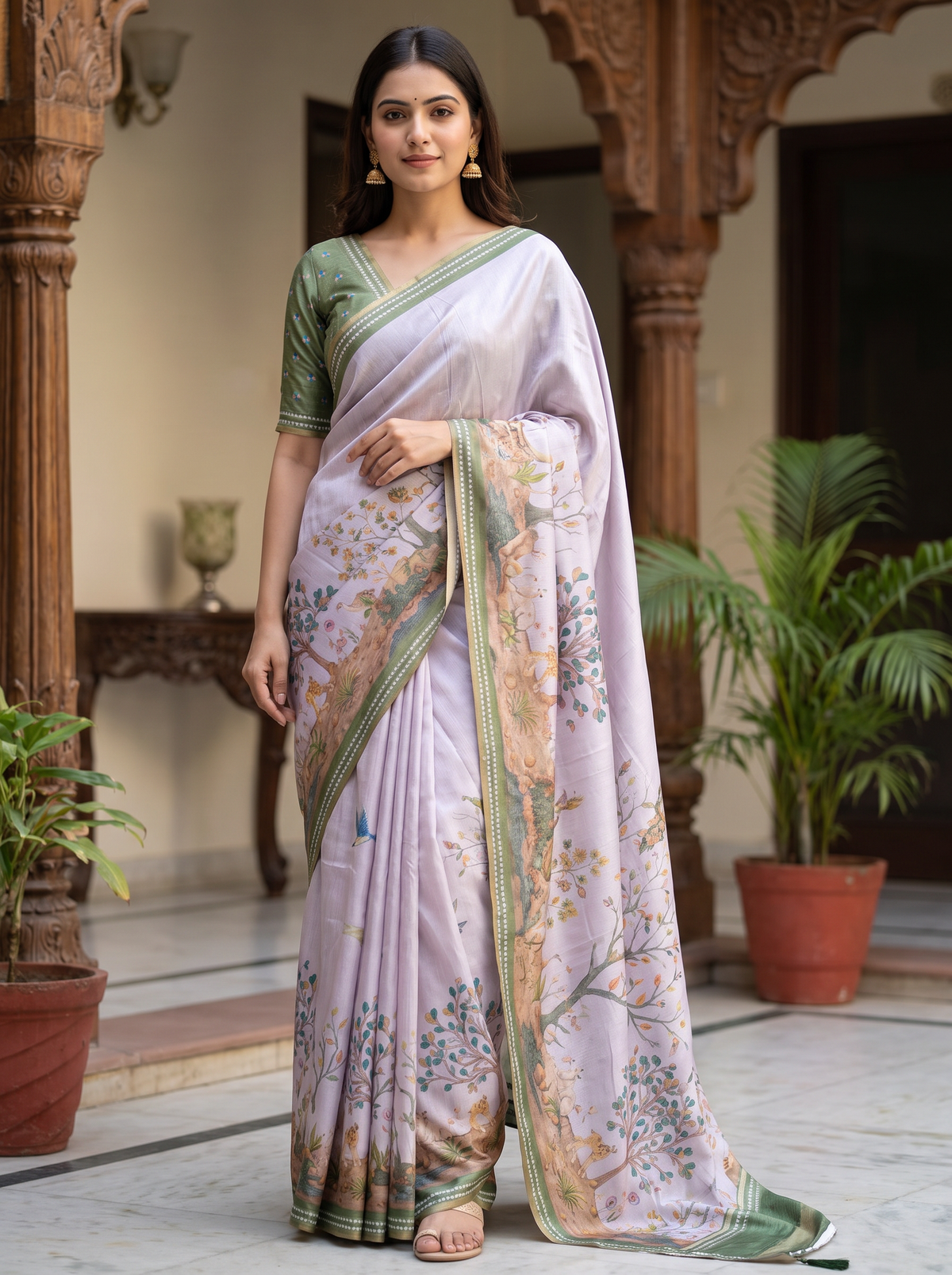 Lavender Green Floral & Bird Print Silk Saree