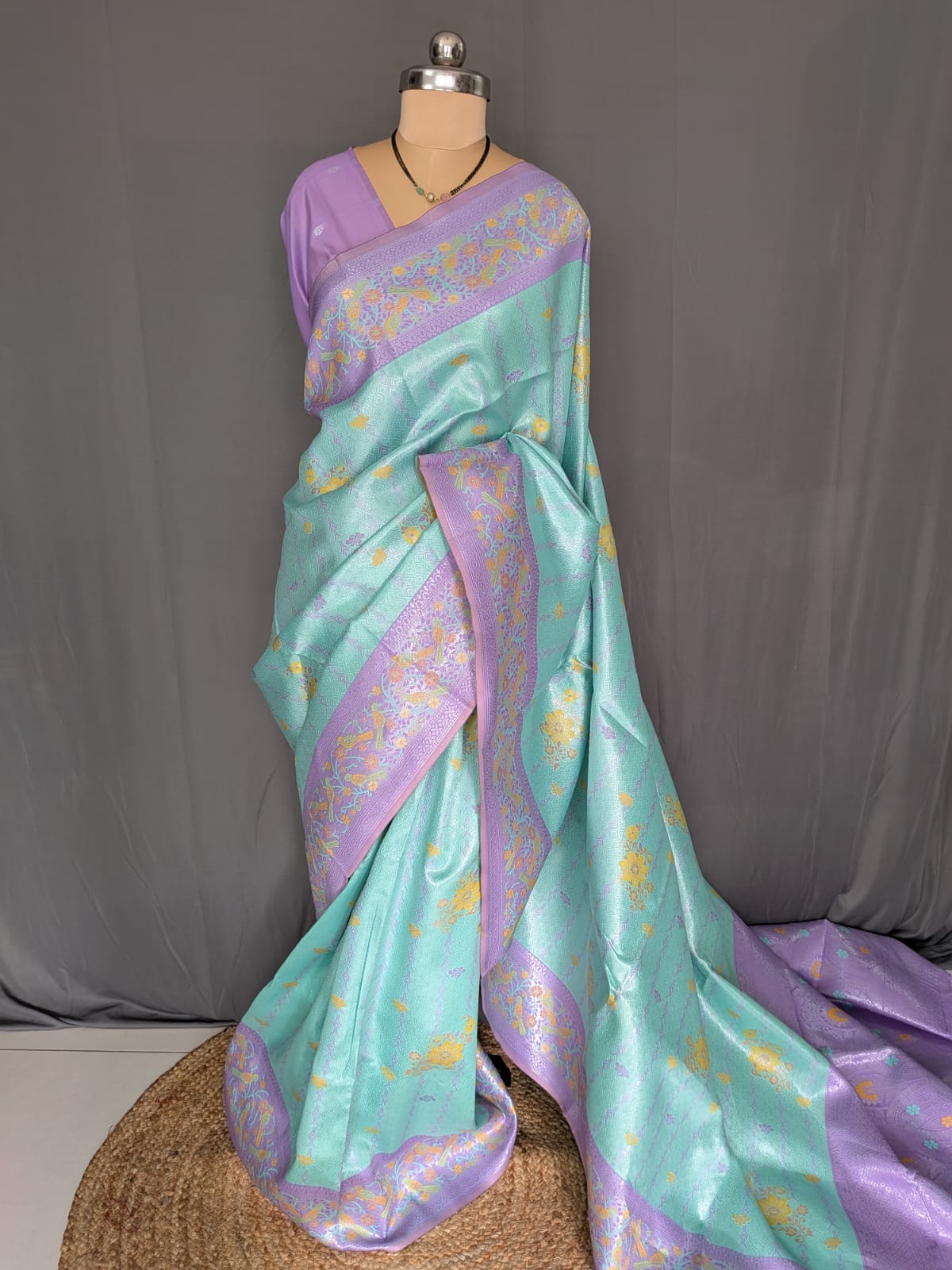 Mint Green & Lavender Floral Jacquard Saree