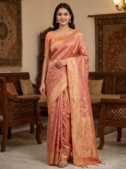 Peach Rose Zari Banarasi Saree
