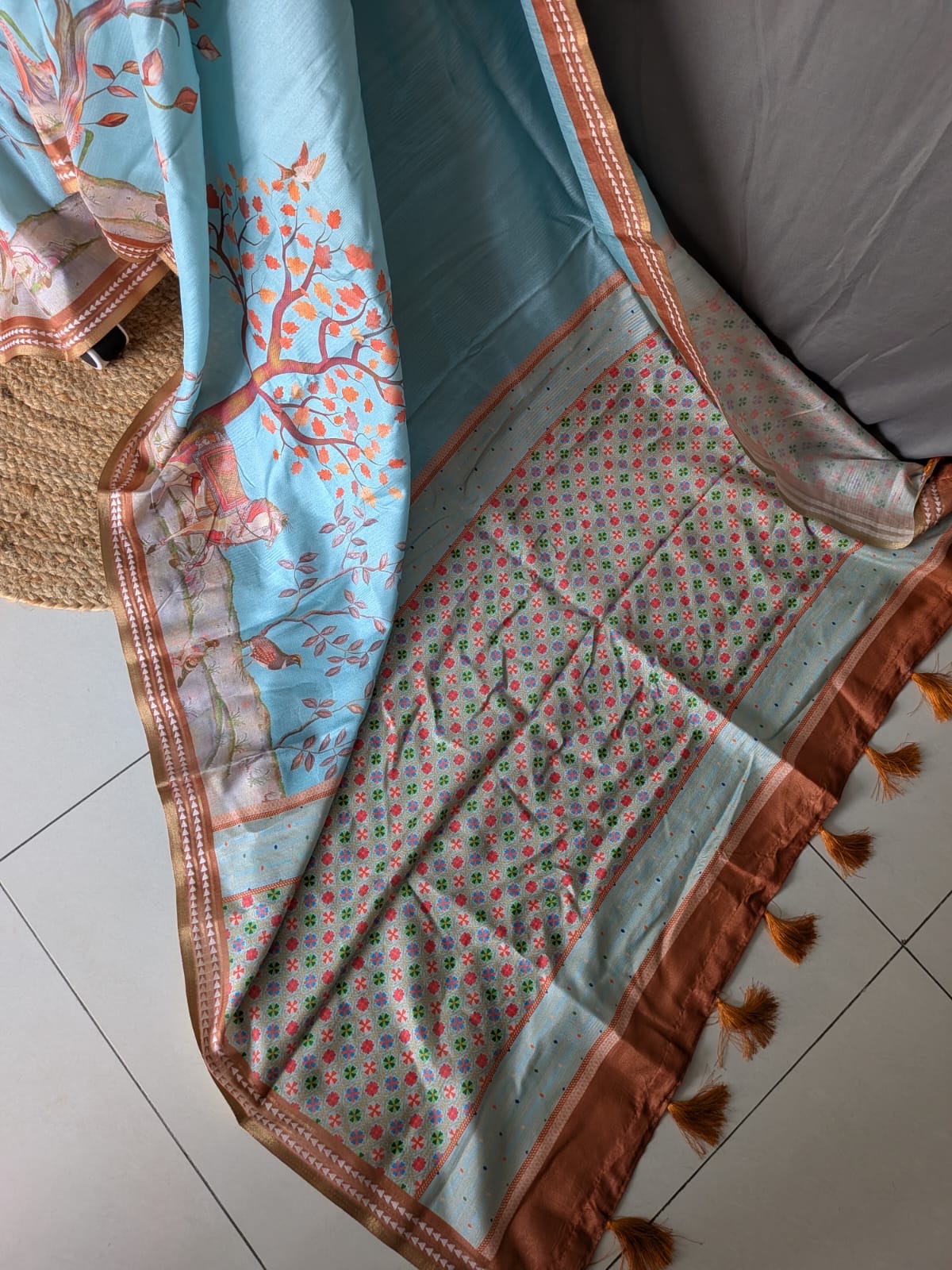 Sky Blue & Rust Orange Printed Saree