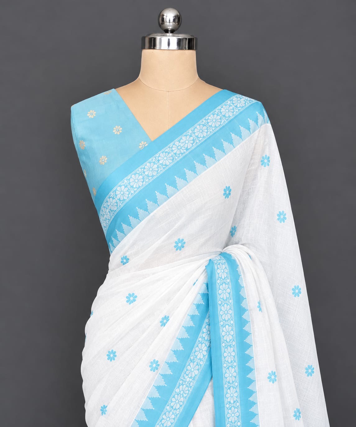 White & Sky Blue MulCotton Saree