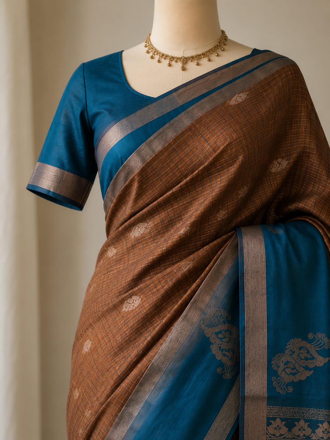 Rust & Peacock Teal Kanchipuram Silk Blend