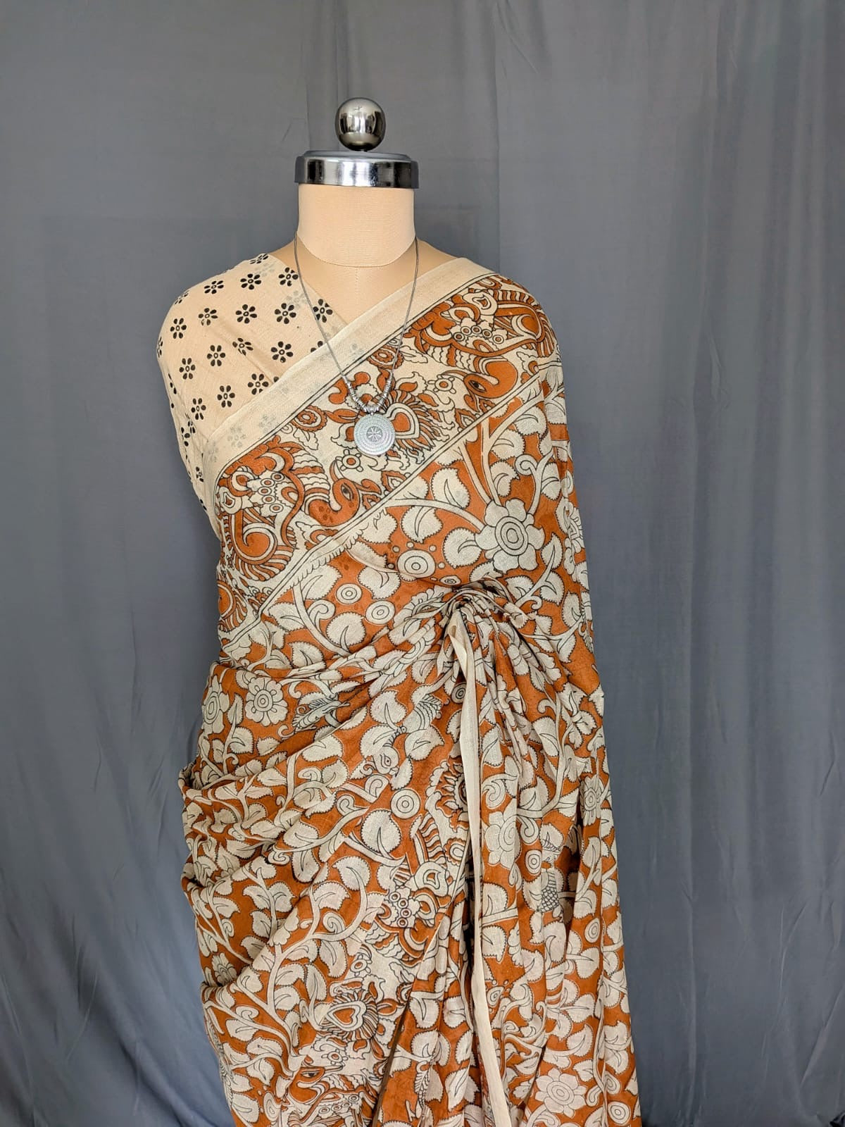 Rust Orange & Beige Kalamkari Printed Saree