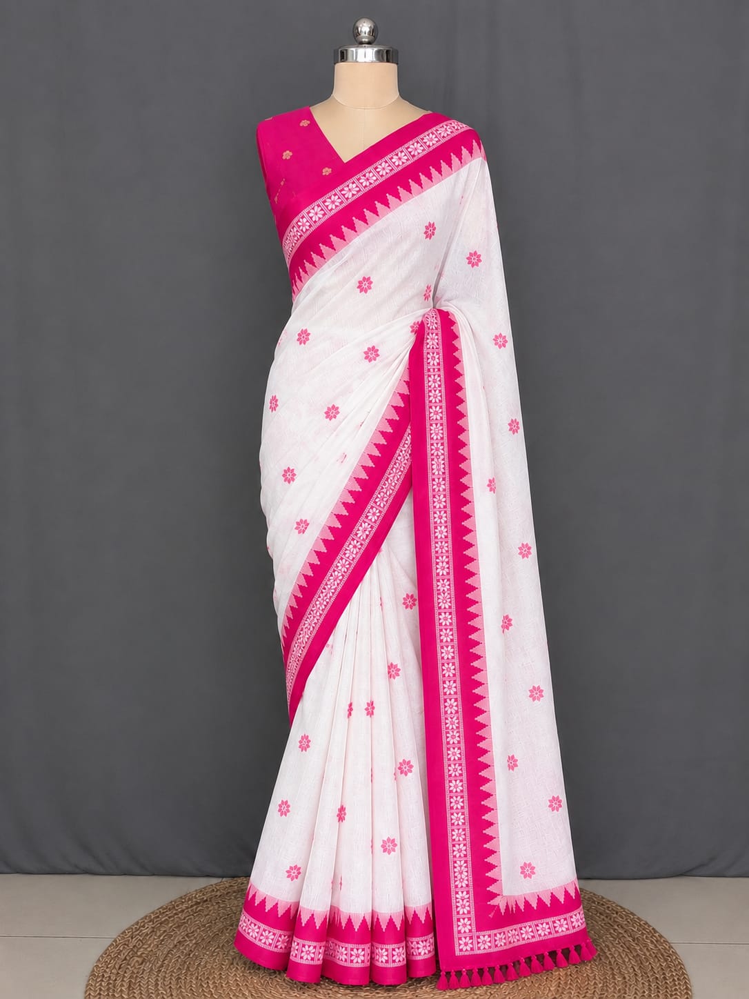White & Pink MulCotton Saree