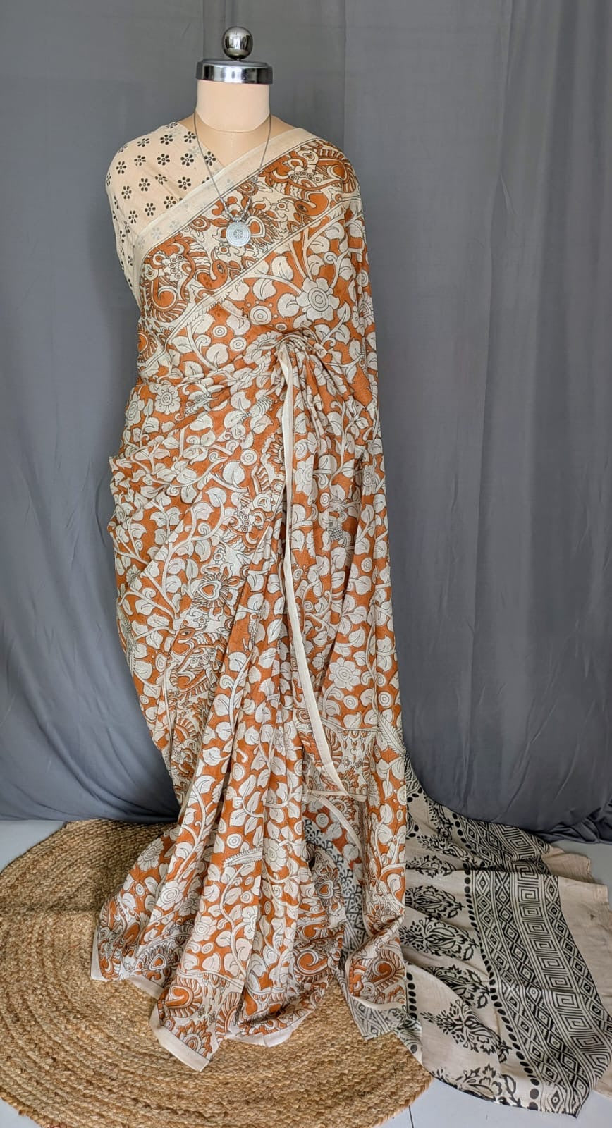 Rust Orange & Beige Kalamkari Printed Saree
