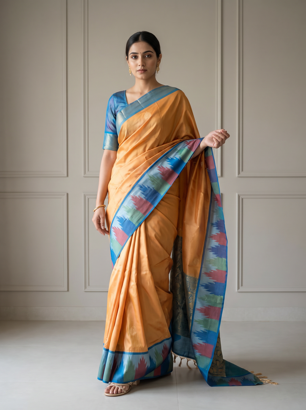 Mustard Yellow & Multicolour Silk Saree