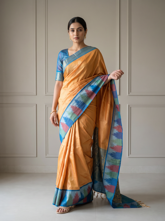 Mustard Yellow & Multicolour Silk Saree