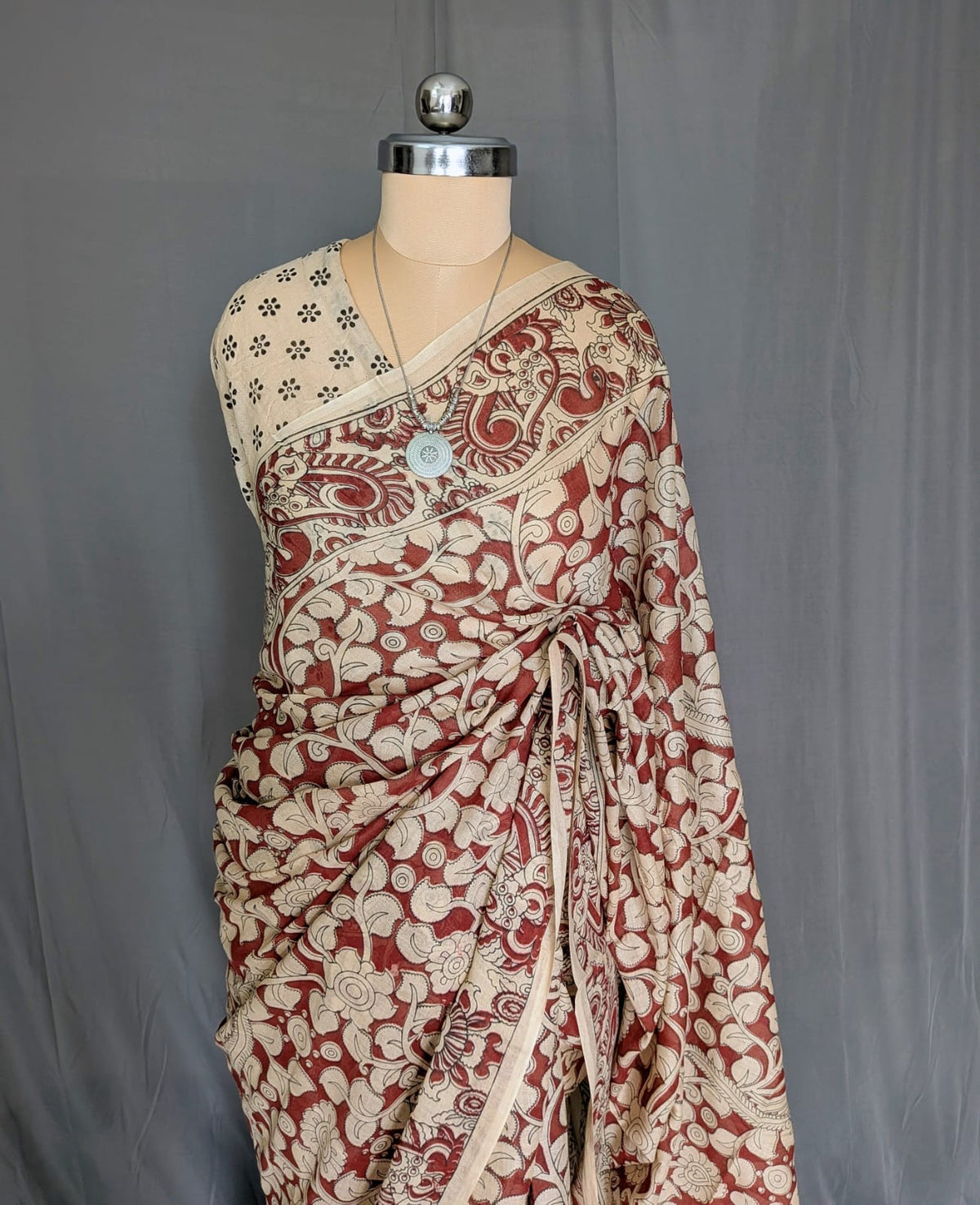 Maroon & Beige Kalamkari Printed Saree