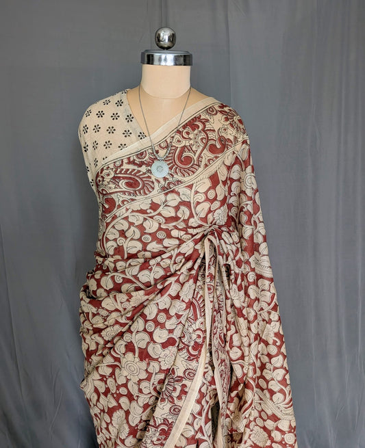 Maroon & Beige Kalamkari Printed Saree
