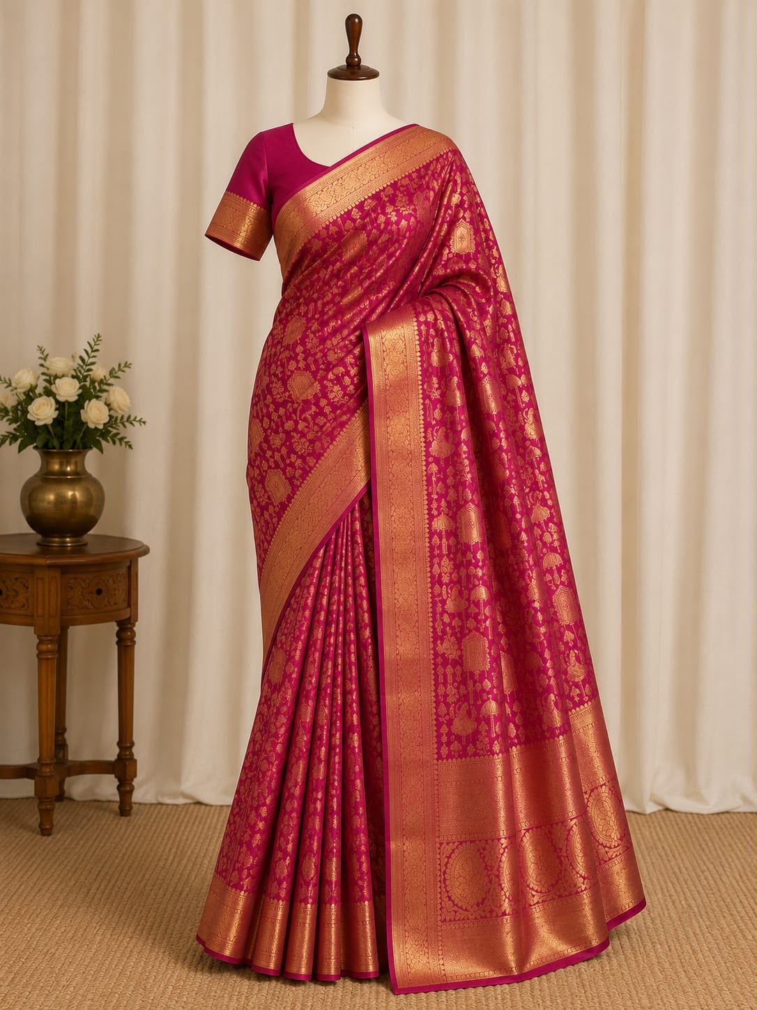 Regal Rangoli Zari Saree - Pink & Gold
