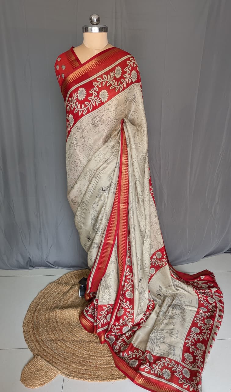 Ivory Red Heritage Printed Saree