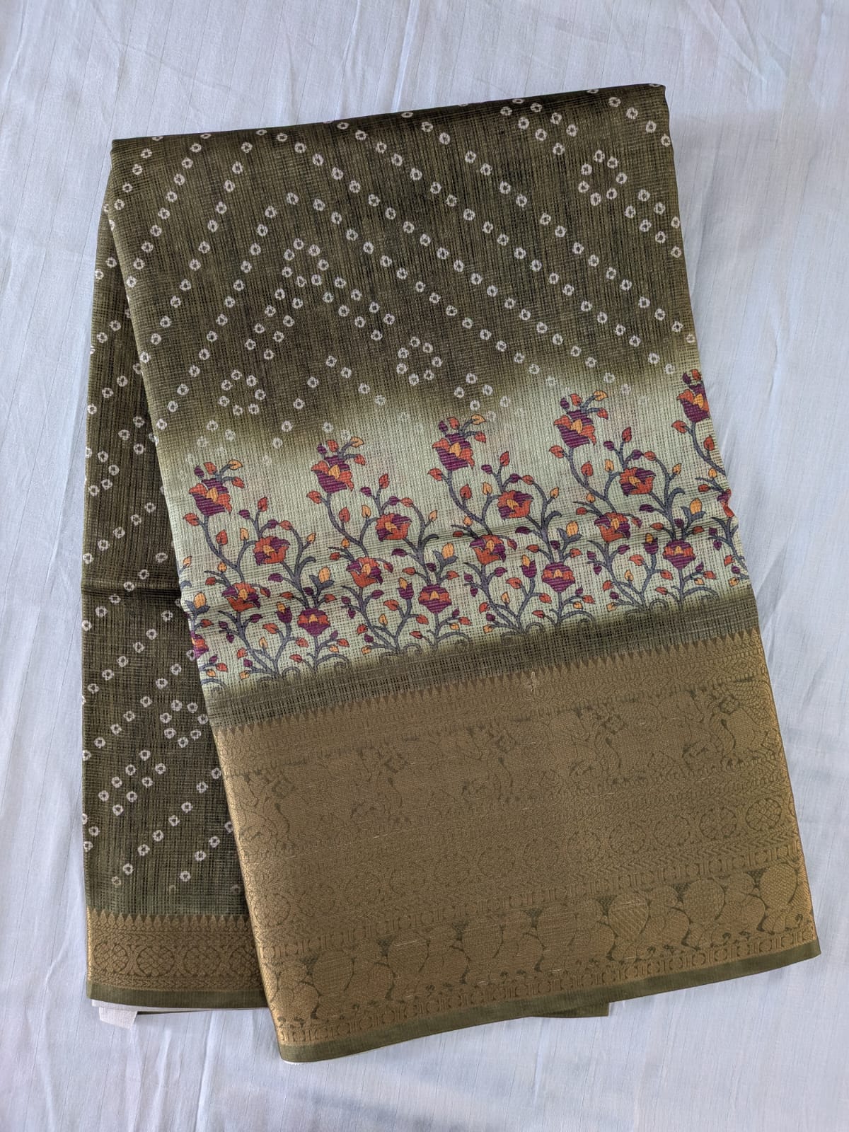 Olive Green Floral Kota Saree