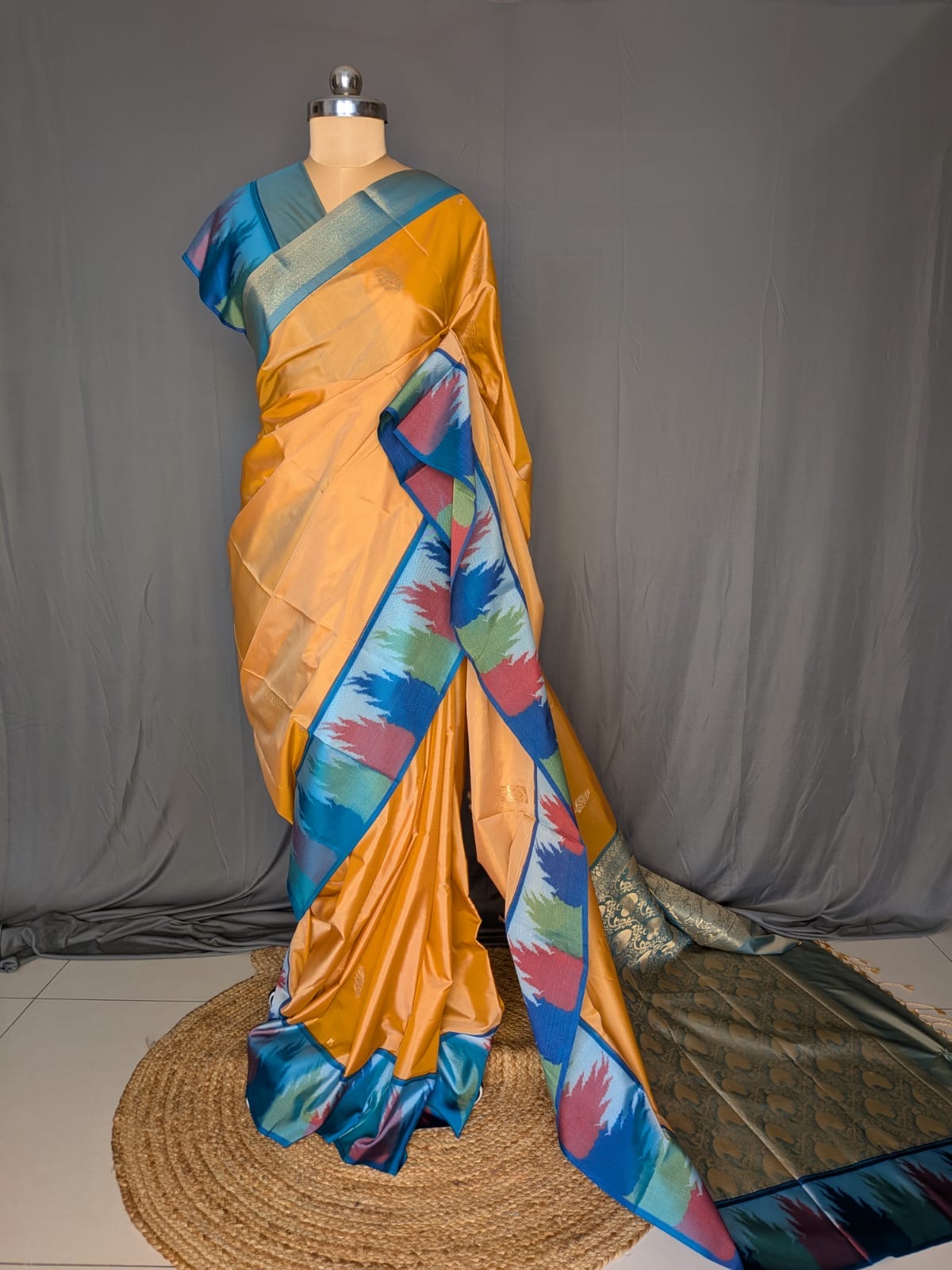 Mustard Yellow & Multicolour Silk Saree