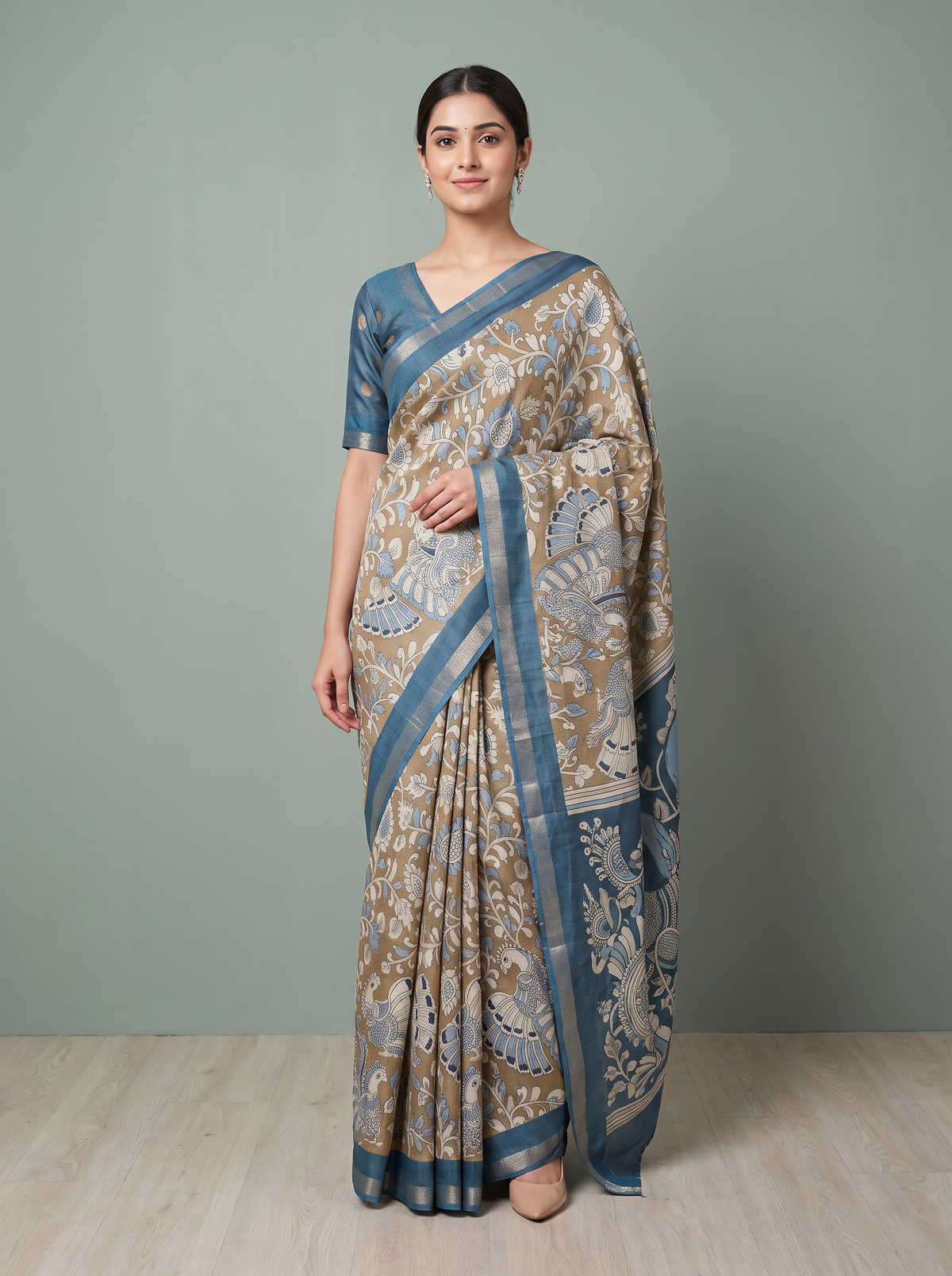 Beige & Teal Blue Kalamkari Saree