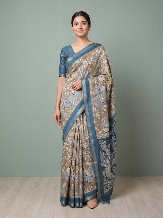 Beige & Teal Blue Kalamkari Saree